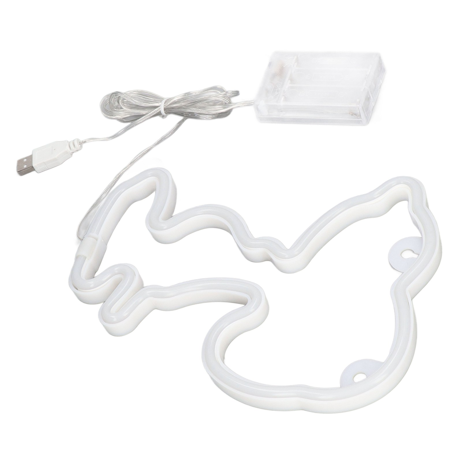 Ein weißes Neonlicht in Form einer Katze mit USB-Kabel, Akkupack und angeschlossenem Draht.