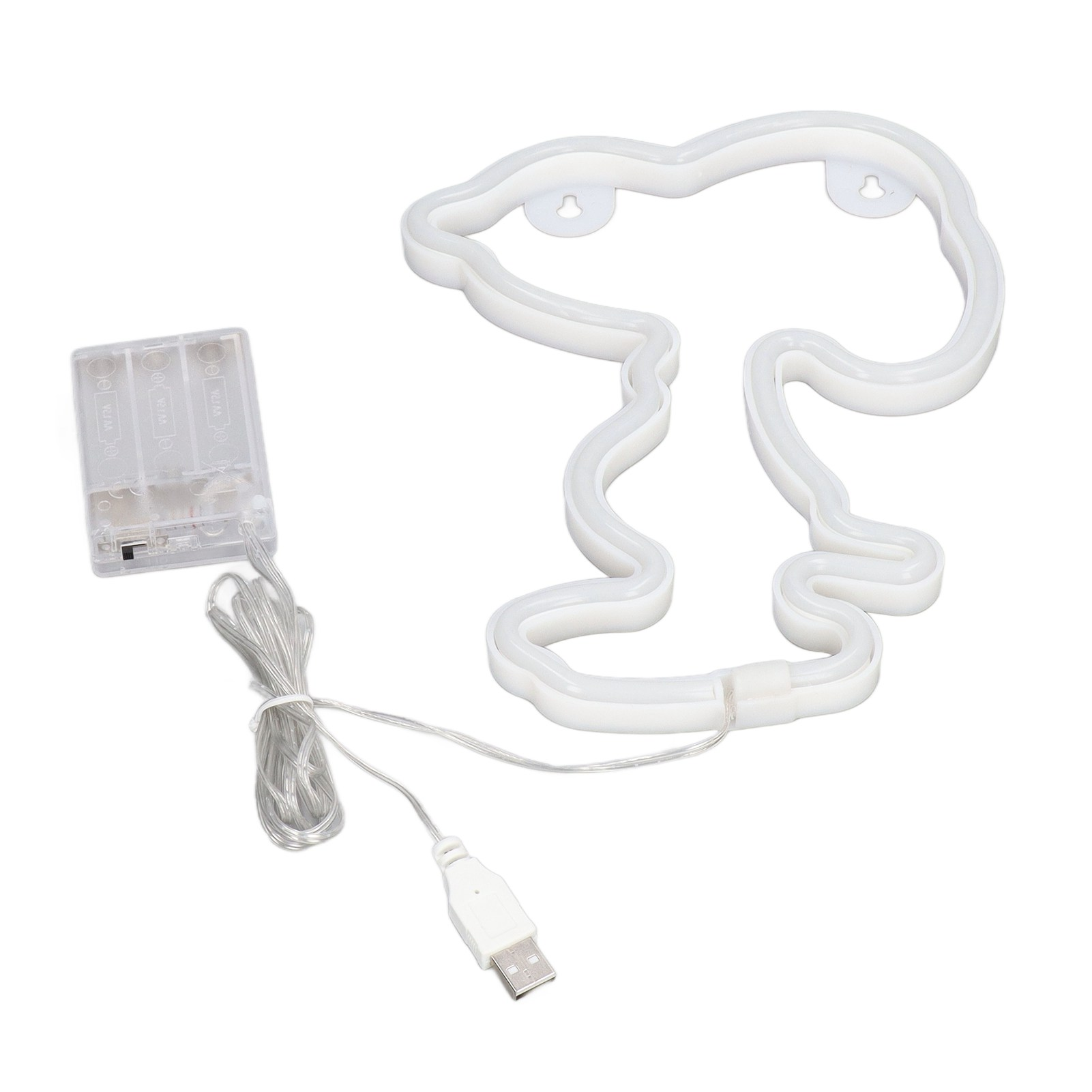 Weißes Neonlicht in Pilzform. Es hat ein Akkupack und ein USB-Kabel.