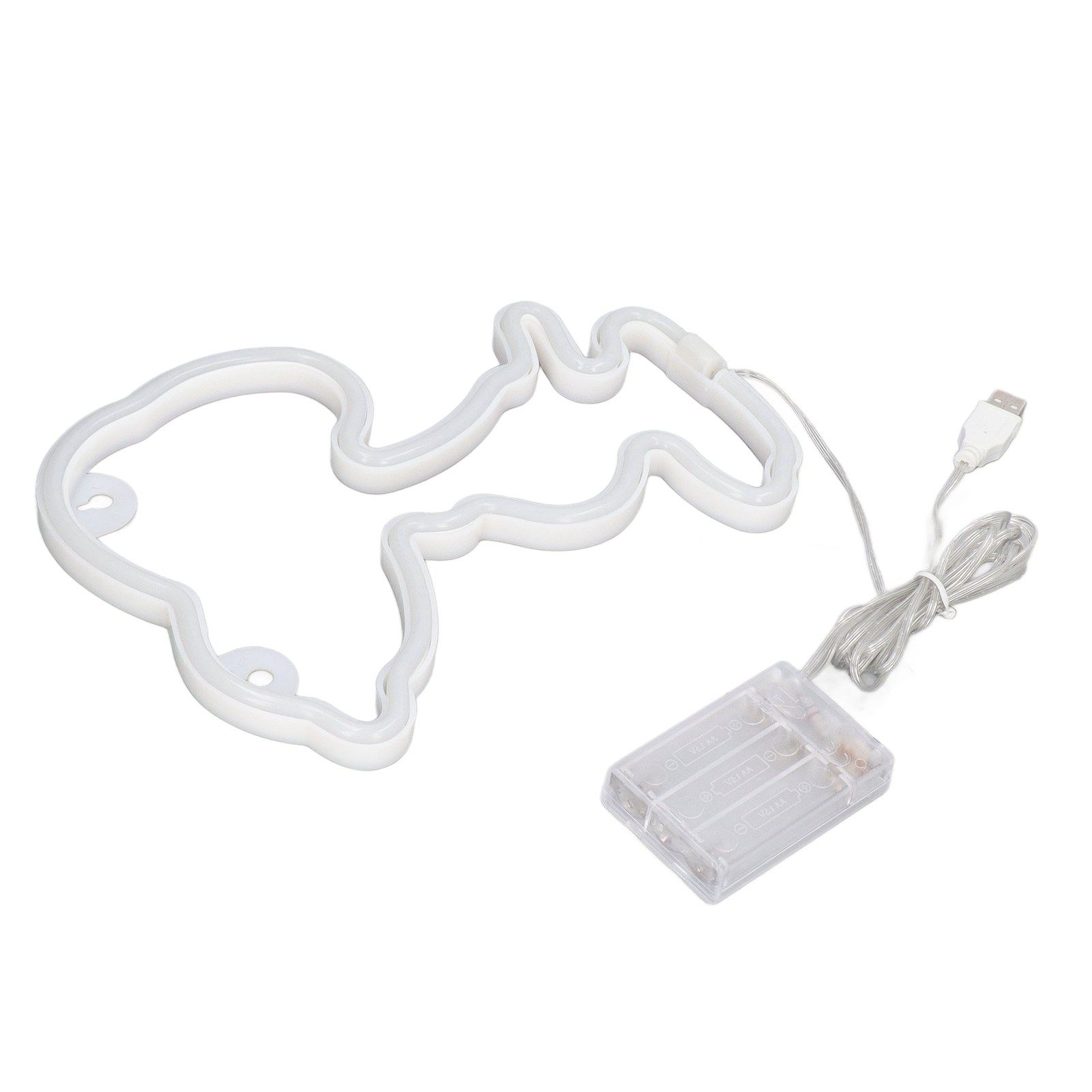 Ein weißes Neonlicht in Kamelform, ein USB-Kabel und ein Akkupack auf weißem Hintergrund.