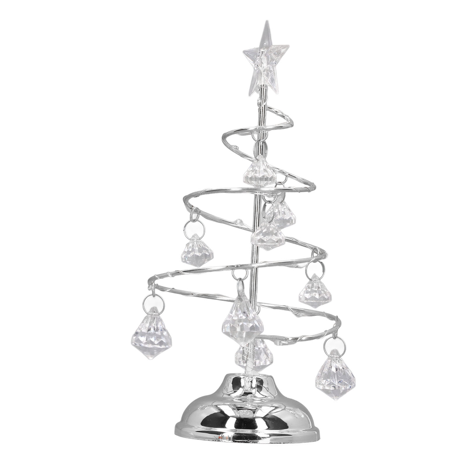 Silberner Weihnachtsbaum mit Spiralmuster, klaren Kristallen und Stern, isoliert auf Weiß.
