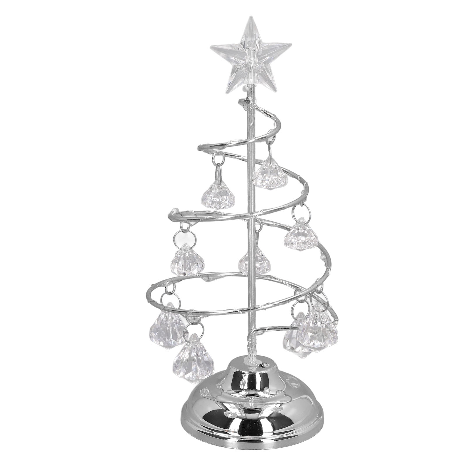 Ein silberner Weihnachtsbaum mit Spirale, klaren Kristallornamenten und einem Stern auf weißem Hintergrund.