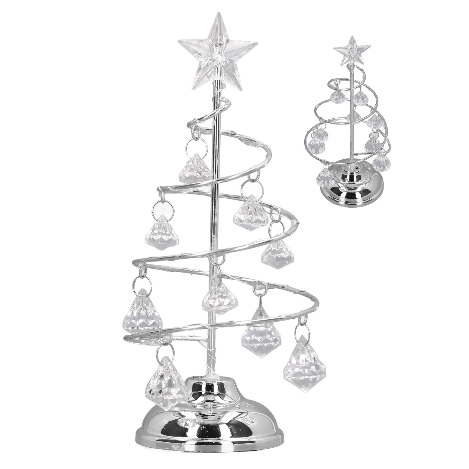 Zwei silberne, spiralförmige Weihnachtsbäume mit Kristallornamenten und Sternaufsätzen vor weißem Hintergrund.
