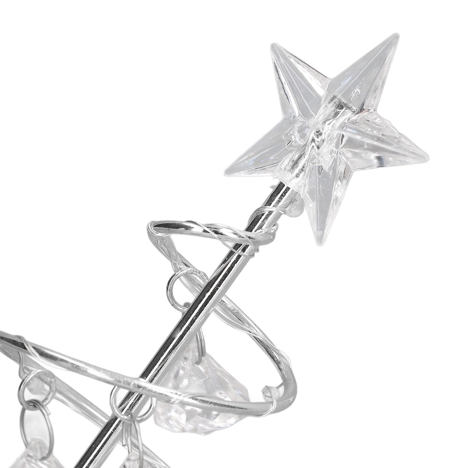 Ein klarer, sternförmiger Schmuck auf einem Metallständer. Der Stern befindet sich oben, mit dekorativen Wirbeln und klaren Edelsteinen.