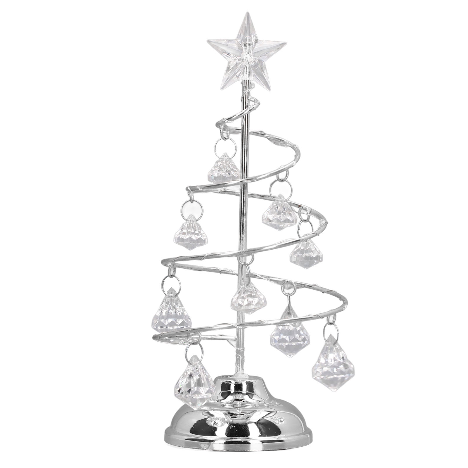 Ein silberner, spiralförmiger Weihnachtsbaum mit klaren rautenförmigen Ornamenten und einem Stern oben.