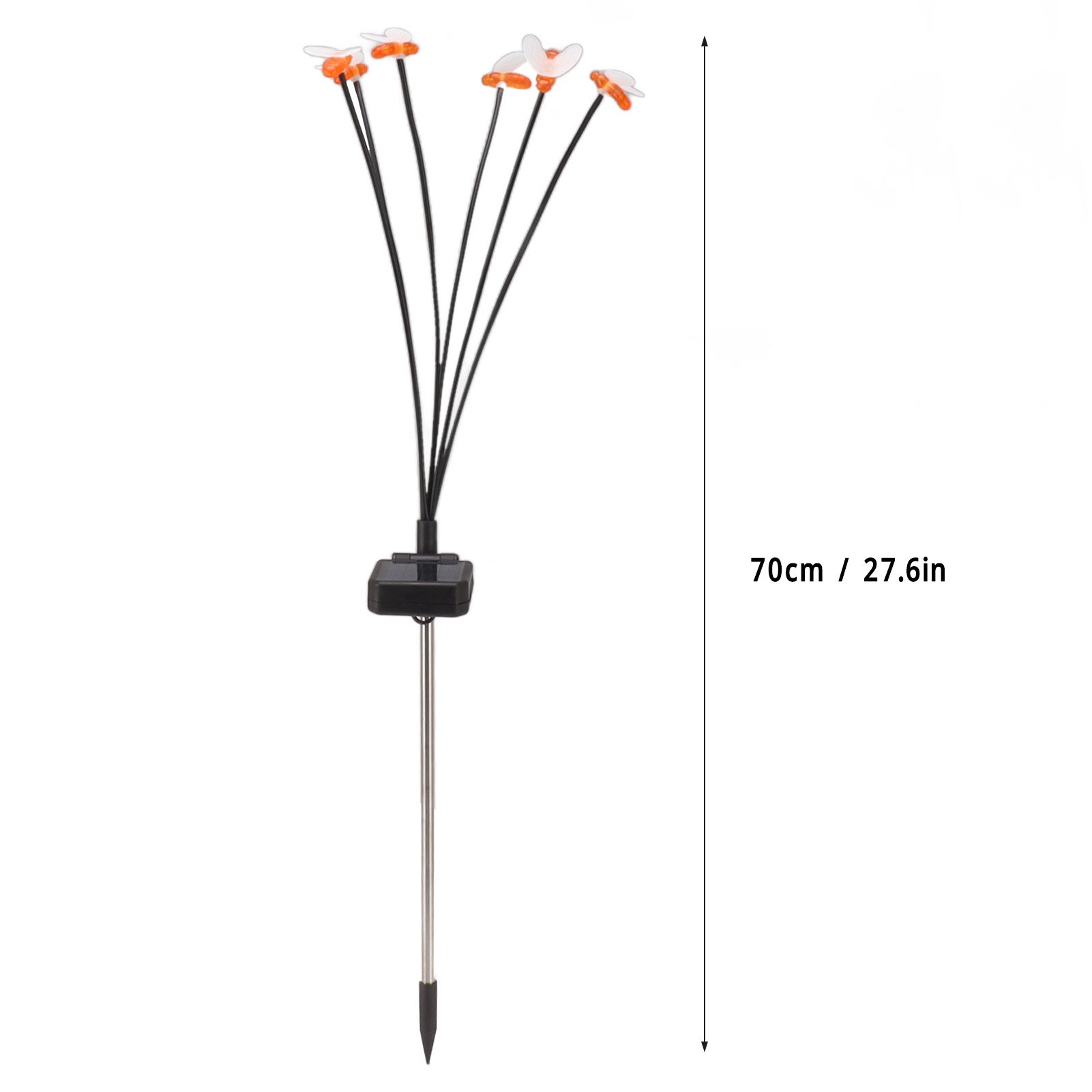 Ein Solar-Gartenstecker mit Blumenlichtern. Die Blüten haben orangefarbene und weiße Blütenblätter. Der Pfahl ist 70 cm hoch.