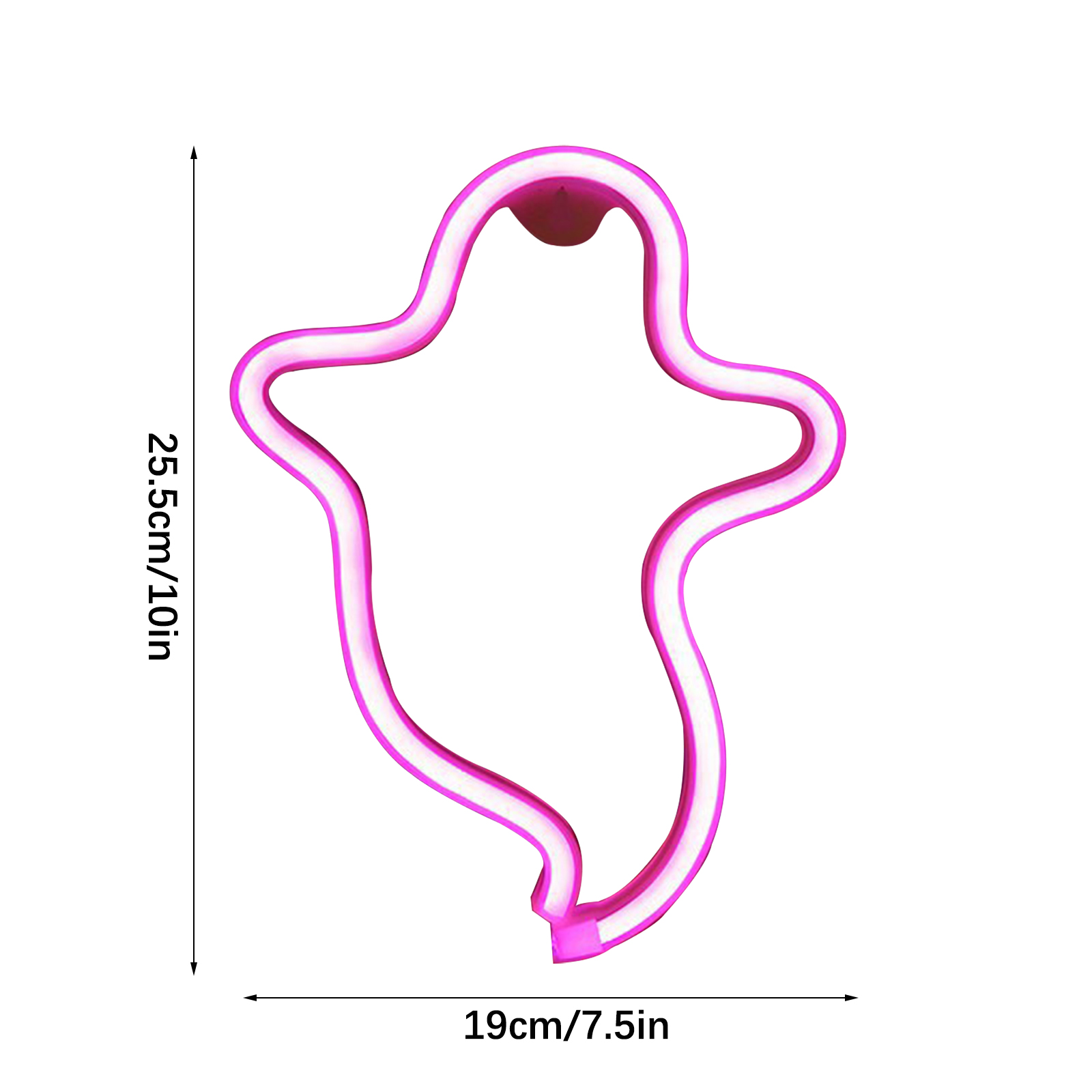 Ein rosa geformtes Neonlicht in Geisterform. Die Abmessungen sind 25,5 cm/10 Zoll hoch und 19 cm/7,5 Zoll breit, vor weißem Hintergrund.
