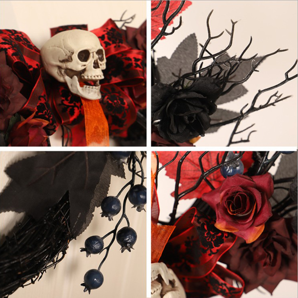 Halloween-Kranz mit Totenkopf, roten Rosen, schwarzen Blättern, dunklen Beeren und roten Bändern. Weißer Hintergrund.