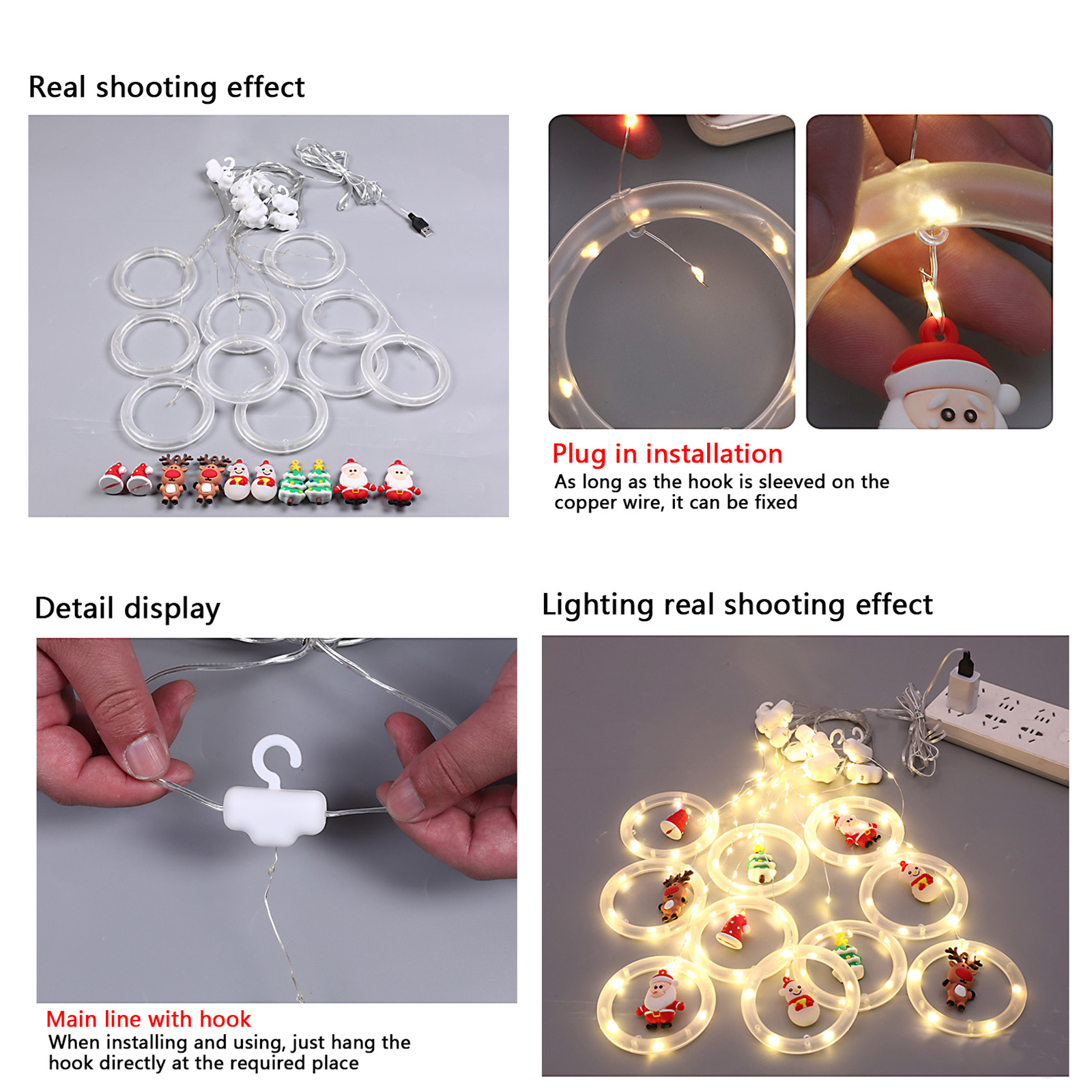 Weihnachtsbeleuchtungsset mit kleinen Ornamenten und Ringen. Enthält Weihnachtsmann, Rentier und Weihnachtsbäume. Plug-in-Installation.