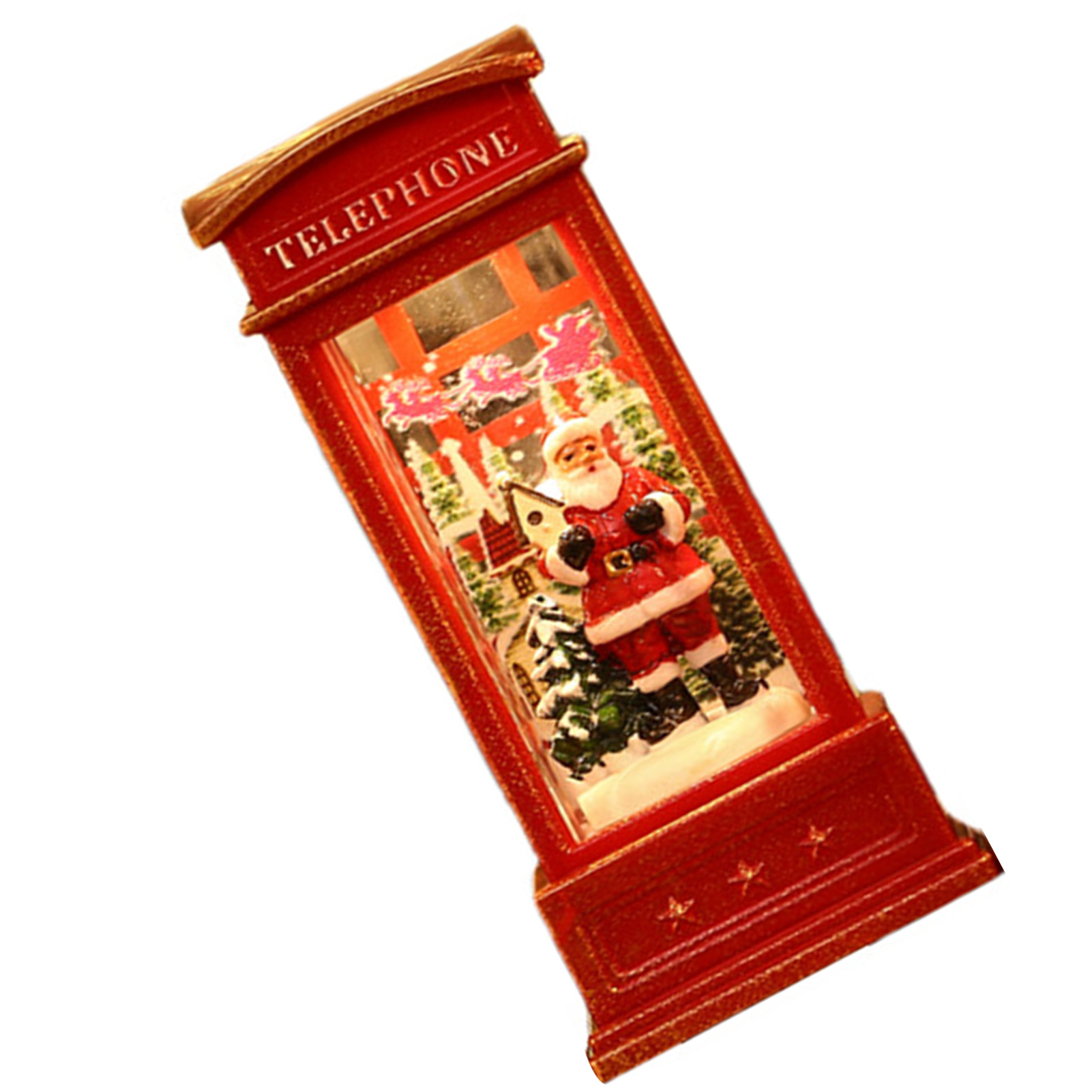Eine rote Telefonzelle mit Weihnachtsmann darin. Es gibt Bäume, ein Haus und Schnee. Oben steht TELEFON.