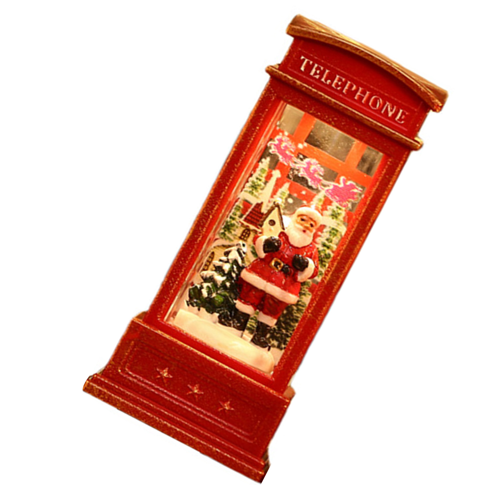 Ein rotes Telefonzellen-Weihnachtsschmuck mit Weihnachtsmann in einer schneebedeckten Szene mit Bäumen und einem Haus.