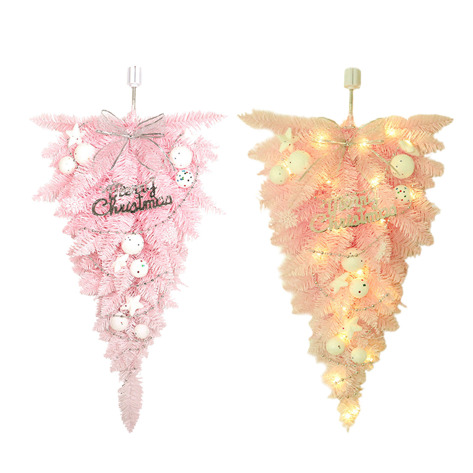 Zwei umgekehrte rosa Weihnachtsbäume mit Ornamenten und Lichtern. Einer ist beleuchtet, der andere nicht.
