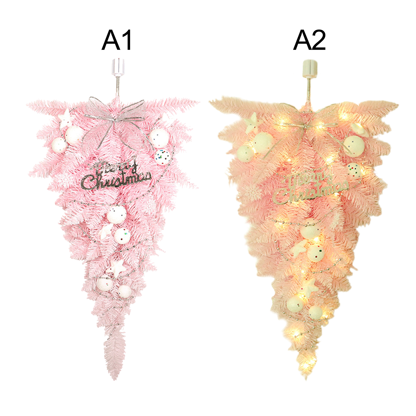 Zwei umgedrehte rosa Weihnachtsbäume. Einer hat eine silberne Schleife, der andere hat Lichter. Beide haben Ornamente.