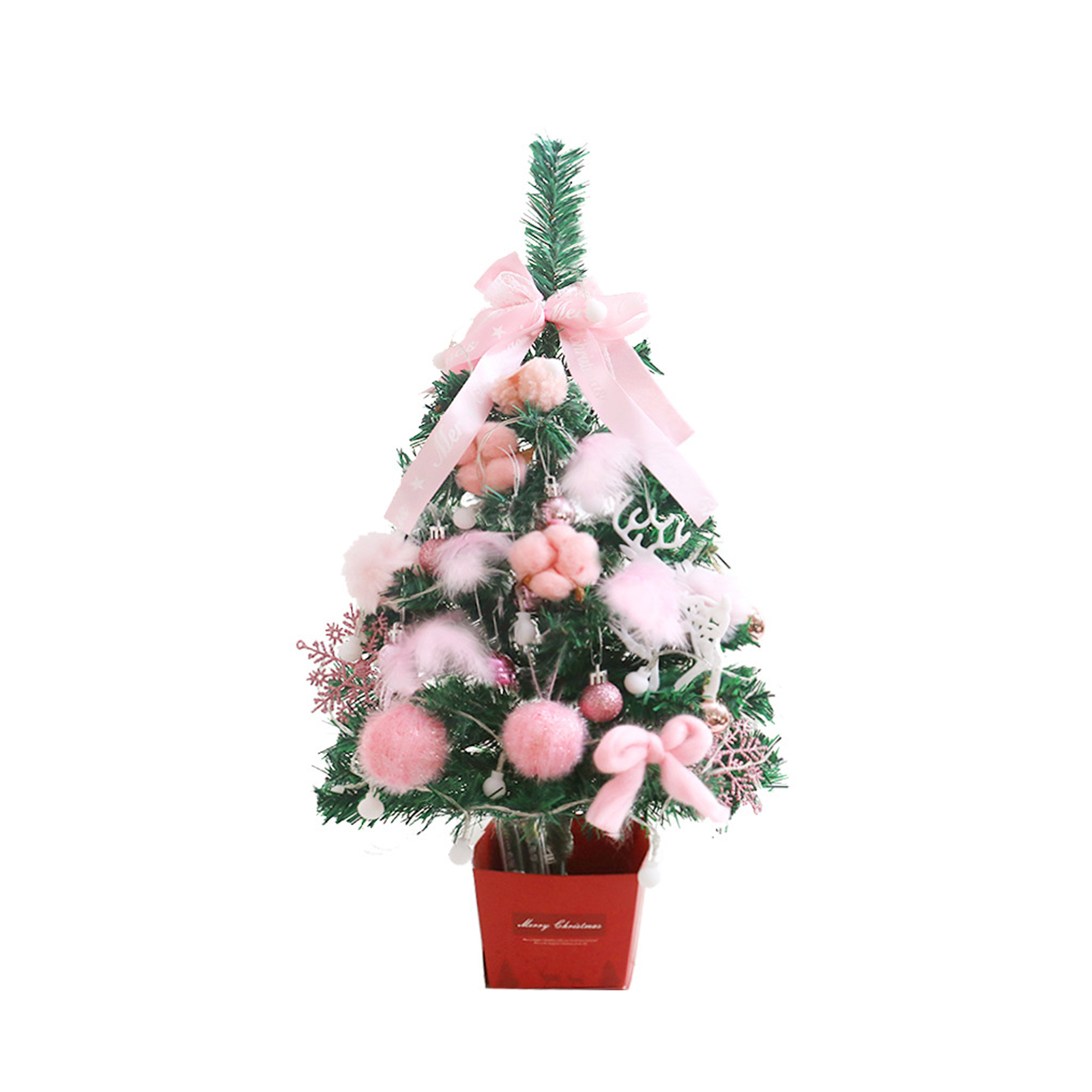 Ein kleiner Weihnachtsbaum mit rosa Ornamenten, Schleifen und einem Band. Er steht in einem roten Topf und hat einen weißen Hintergrund.