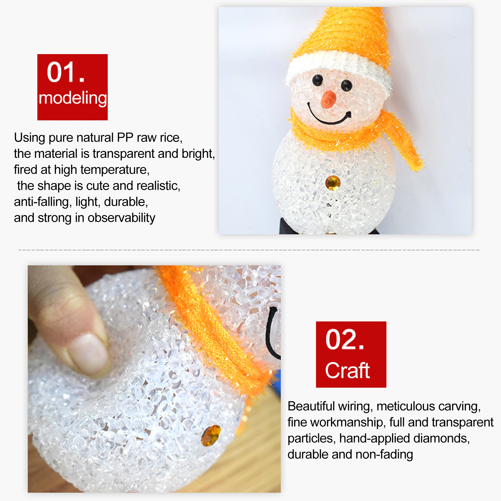 Ein Schneemann-Ornament mit gelbem Hut und Schal. Es besteht aus klarem, strukturiertem Material mit einem orangefarbenen Edelstein auf dem Bauch.