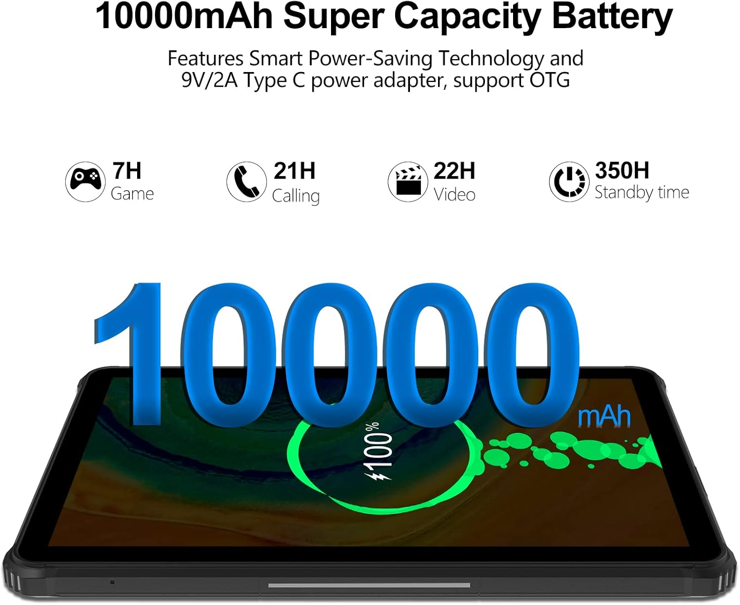 Das Bild zeigt ein Tablet mit '10000mAh' in Blau. Es zeigt die Akkulaufzeit für Spiele, Anrufe, Video und Standby-Zeit.