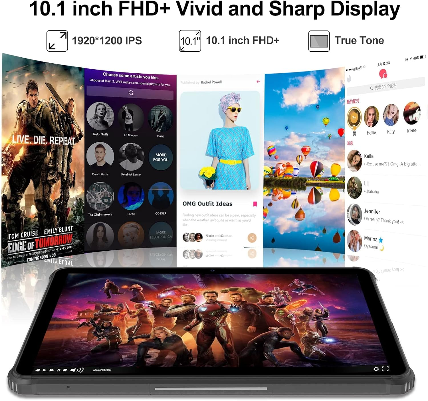 Tablet mit mehreren Apps und einer Filmszene. Oben werden Spezifikationen angezeigt. Unten wird ein Film gezeigt.