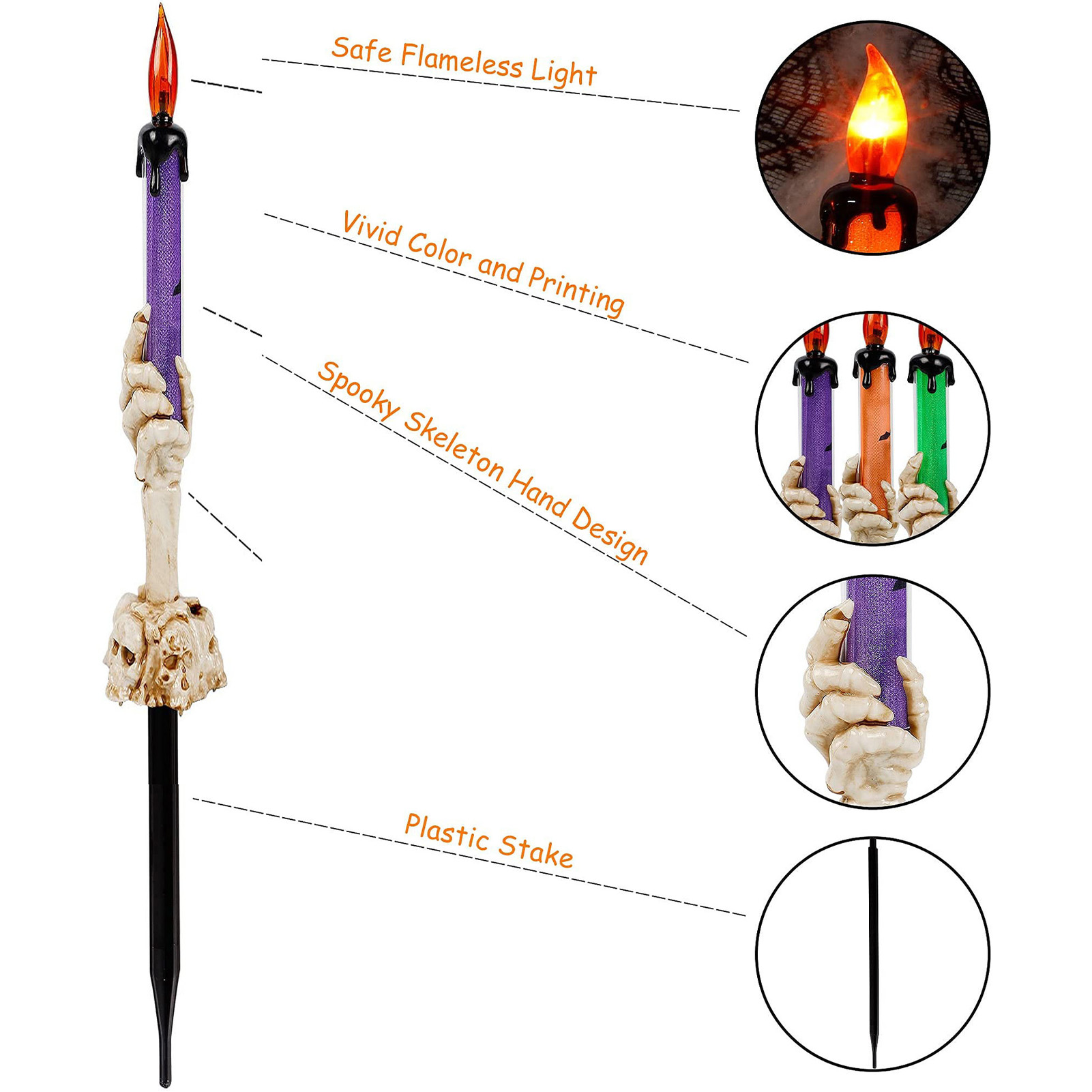 Eine Halloween-Kerze mit Skeletthand-Design, schwarzem Pfahl und orangefarbener Flamme, mit anderen Farbvarianten.