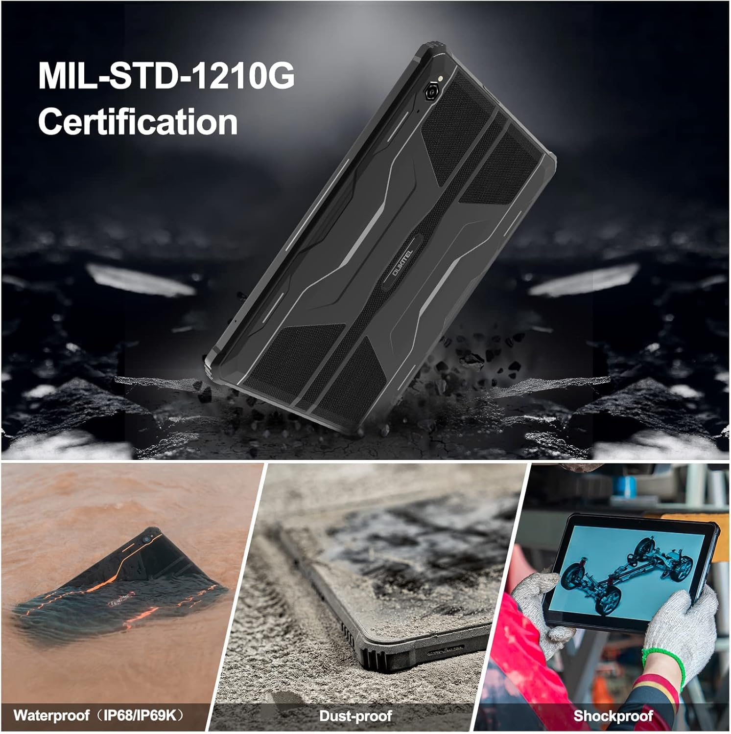 Schwarzes Tablet mit robustem Design. Demonstrationen von wasserdichten, staubdichten und stoßfesten Eigenschaften werden gezeigt. Text: MIL-STD-1210G Zertifizierung.