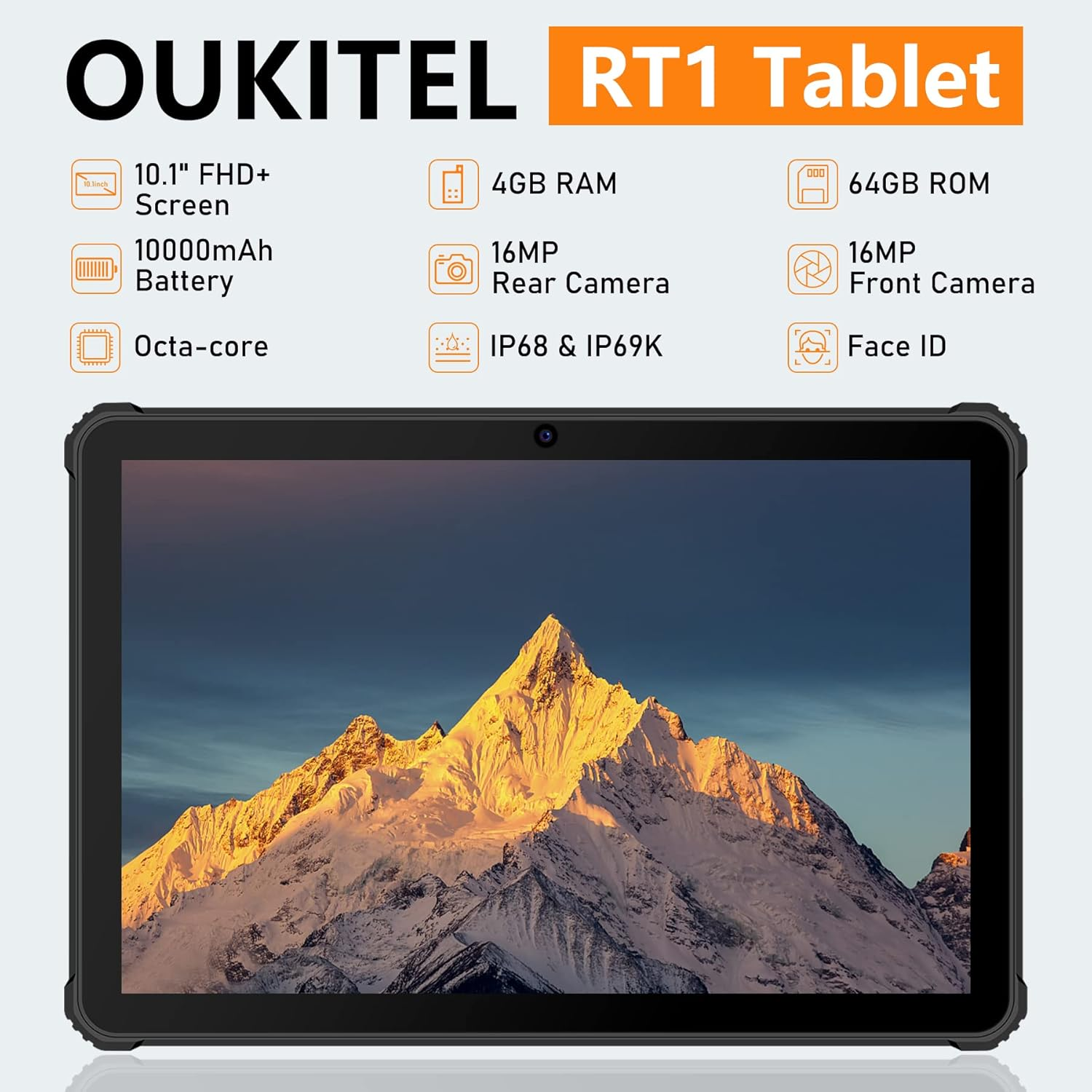 Schwarzes Tablet mit Bergbildschirm. Text: Tablet-Spezifikationen und OUKITEL. Oranger Text 'RT1 Tablet'.