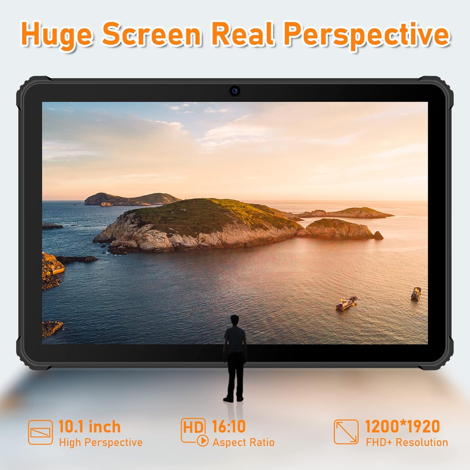 Ein Tablet zeigt eine Meereslandschaft mit Inseln, Booten und einer Person. Oben steht "Huge Screen Real Perspective".