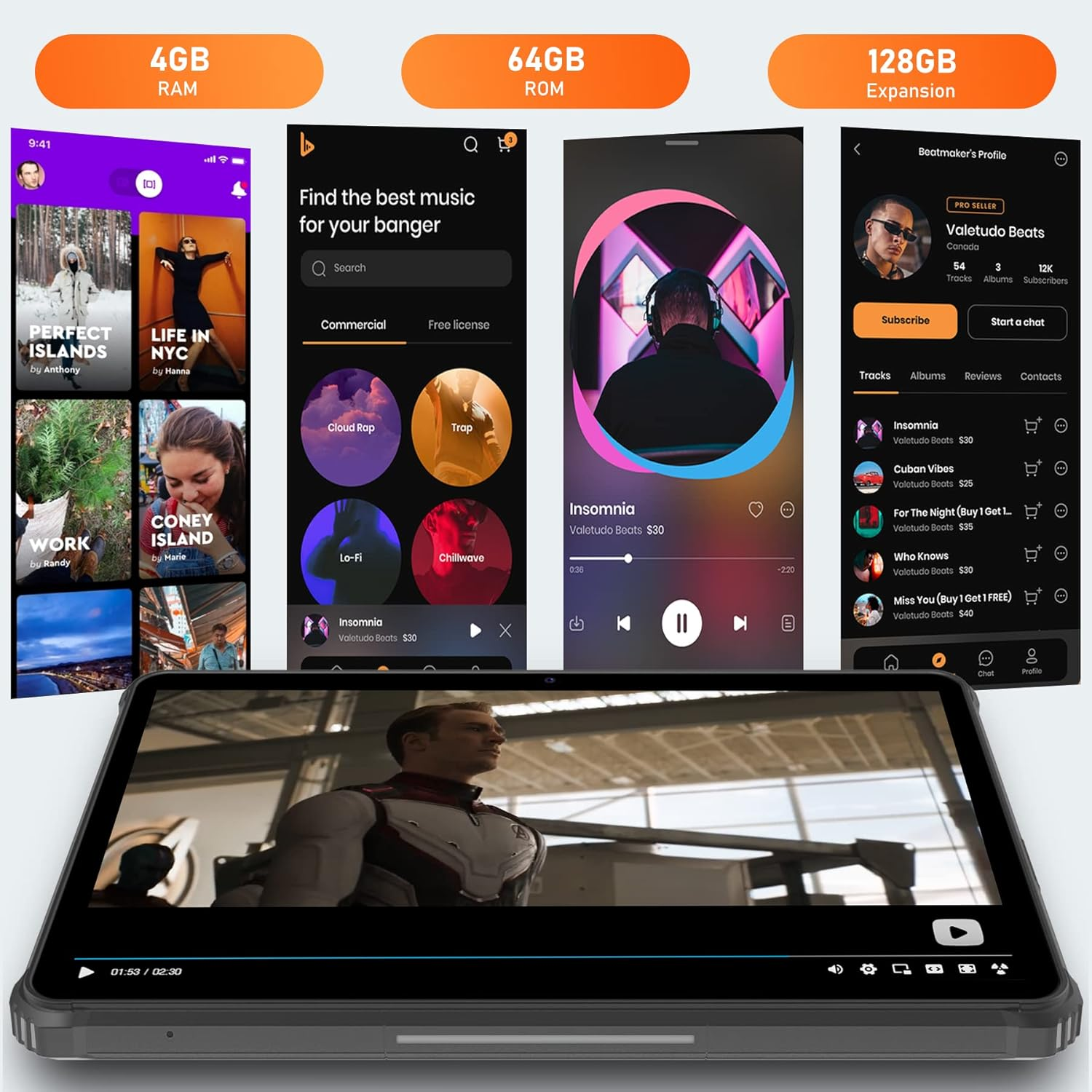 Ein Tablet zeigt einen Film und Benutzeroberflächen von Musik-Apps. Oben sind UI-Bildschirme für Musik-Apps. Text enthält 4GB RAM, 64GB ROM und 128GB Expansion.