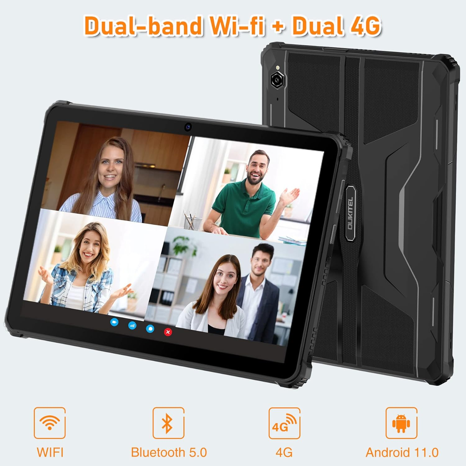 Ein schwarzes Tablet zeigt einen Videoanruf mit vier Personen. Das Tablet hat eine Schutzhülle. Symbole für Wi-Fi, Bluetooth, 4G und Android.