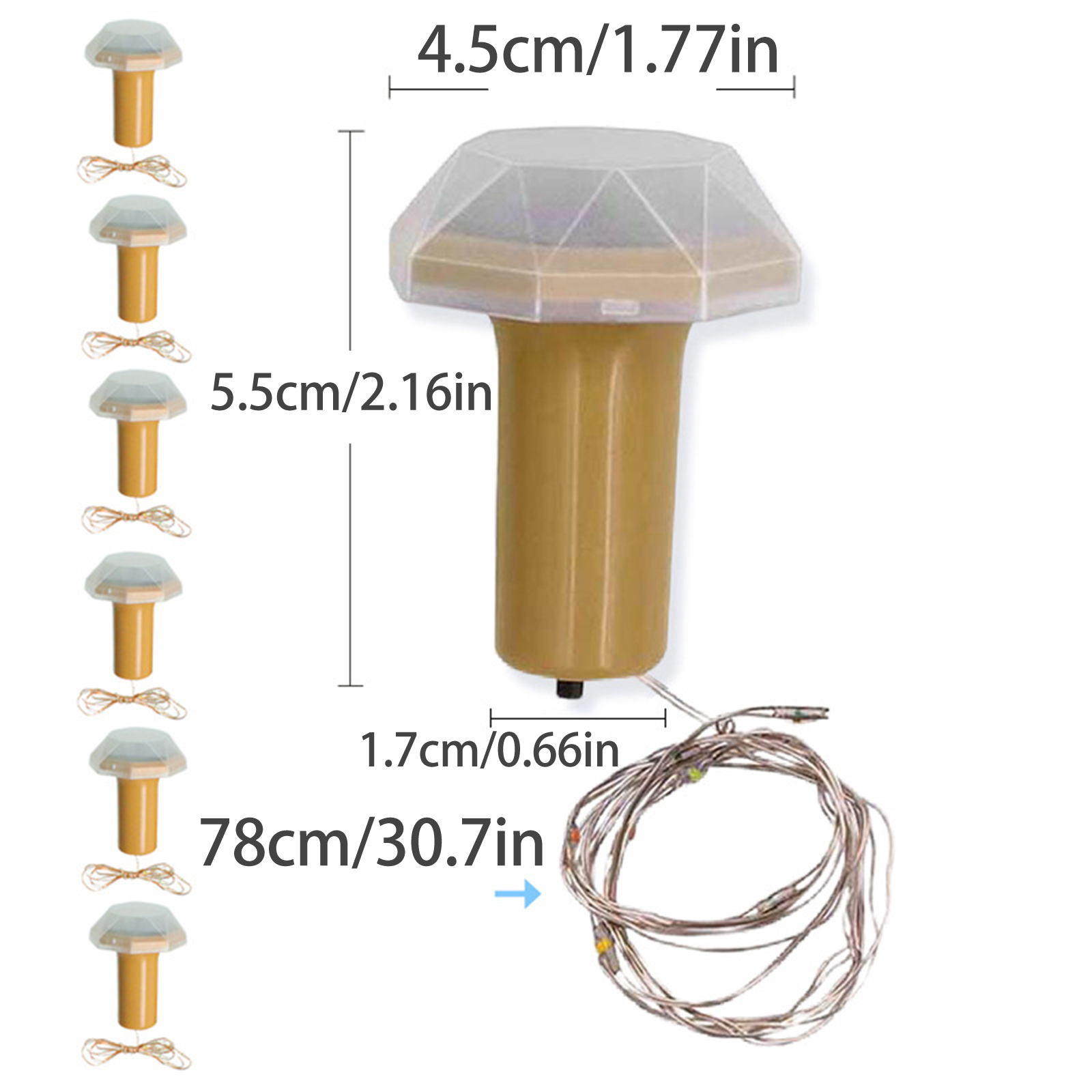 Ein Produkt mit beigefarbenem Sockel und durchscheinendem Deckel, mit Draht und Maßangaben. Mehrere kleinere Versionen links.