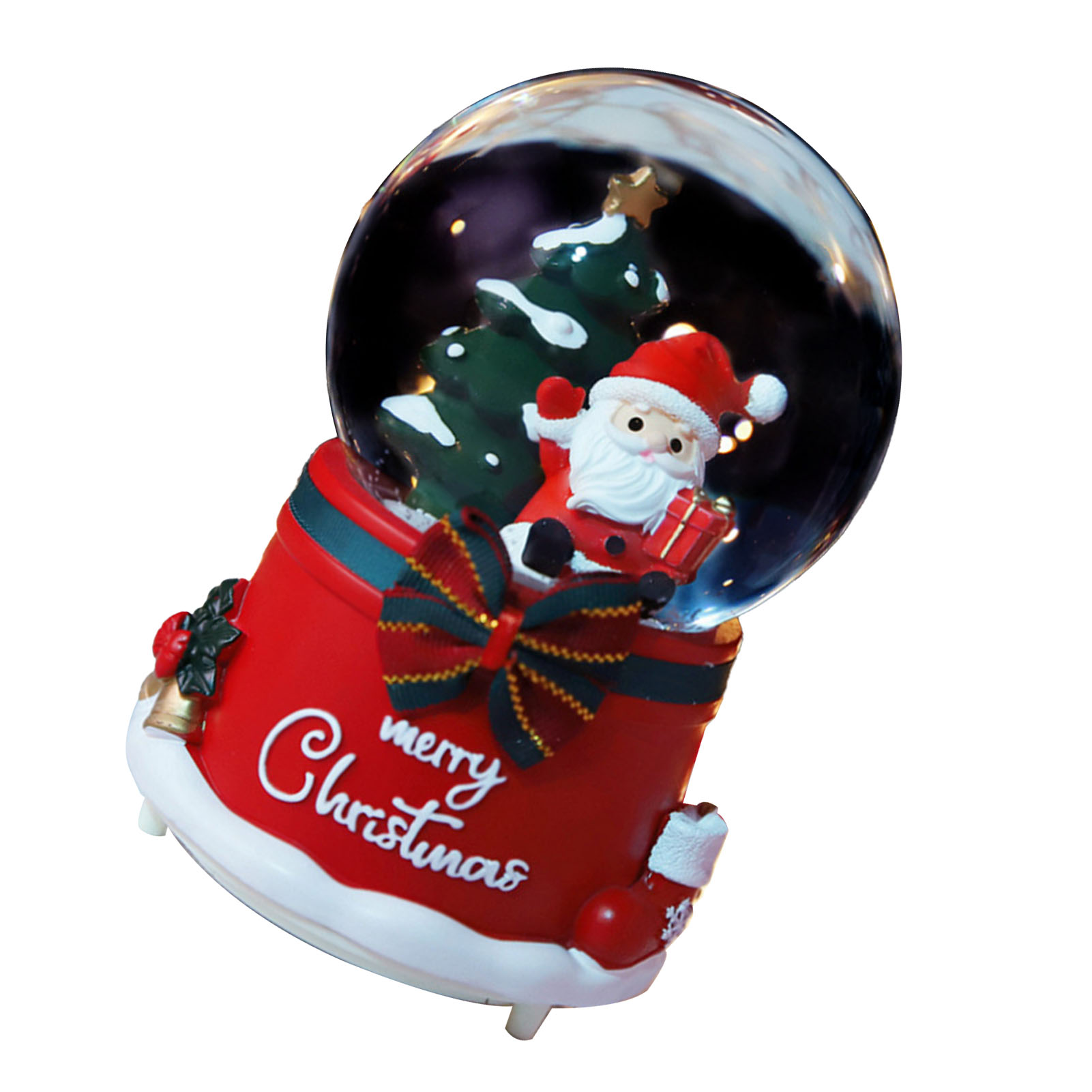 Eine Schneekugel mit Weihnachtsmann, Weihnachtsbaum und der Aufschrift 'Merry Christmas' auf roter Basis.