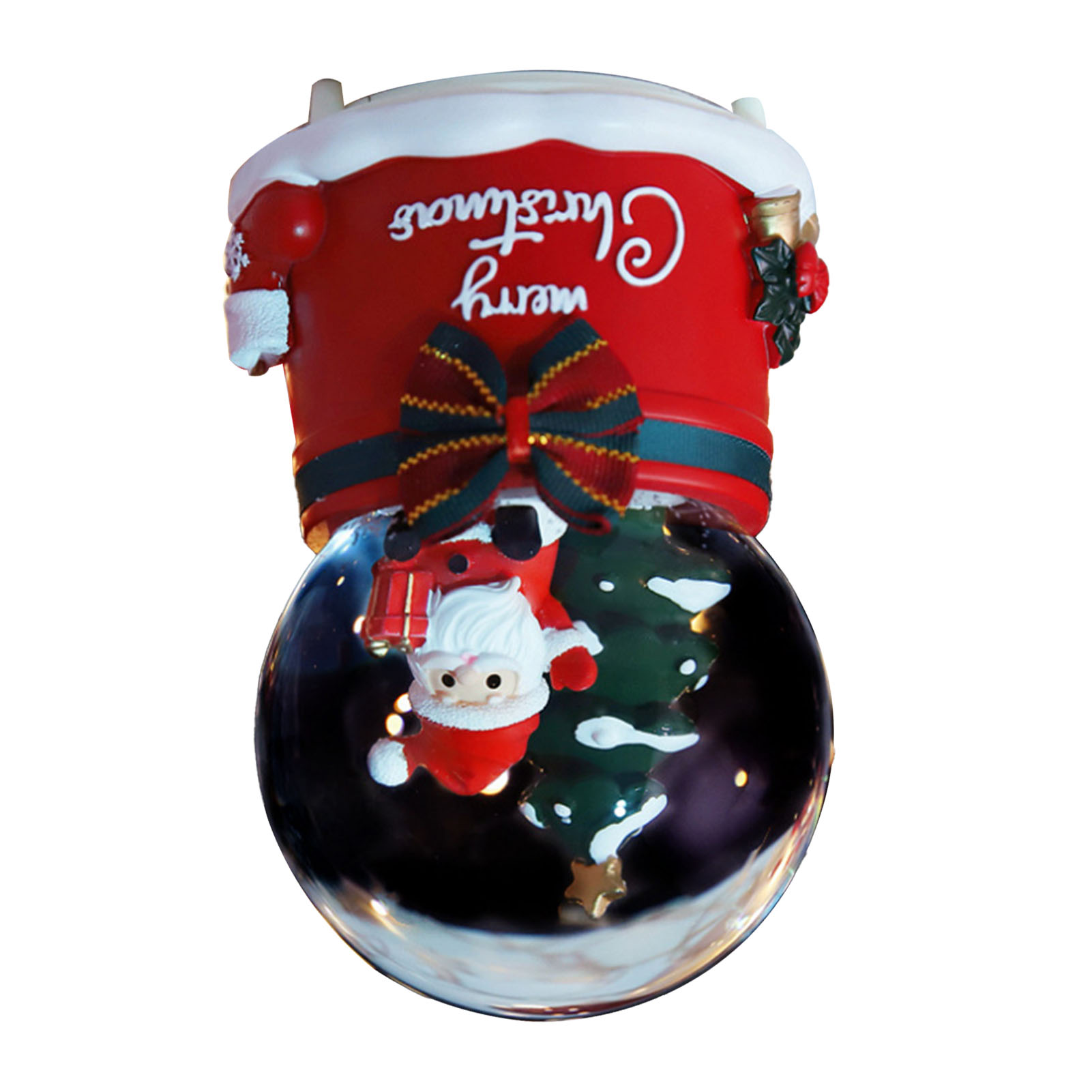Eine Weihnachtsschneekugel. Sie hat eine rote Oberseite mit 'Merry Christmas' und einen Weihnachtsmann in einer Glaskugel.
