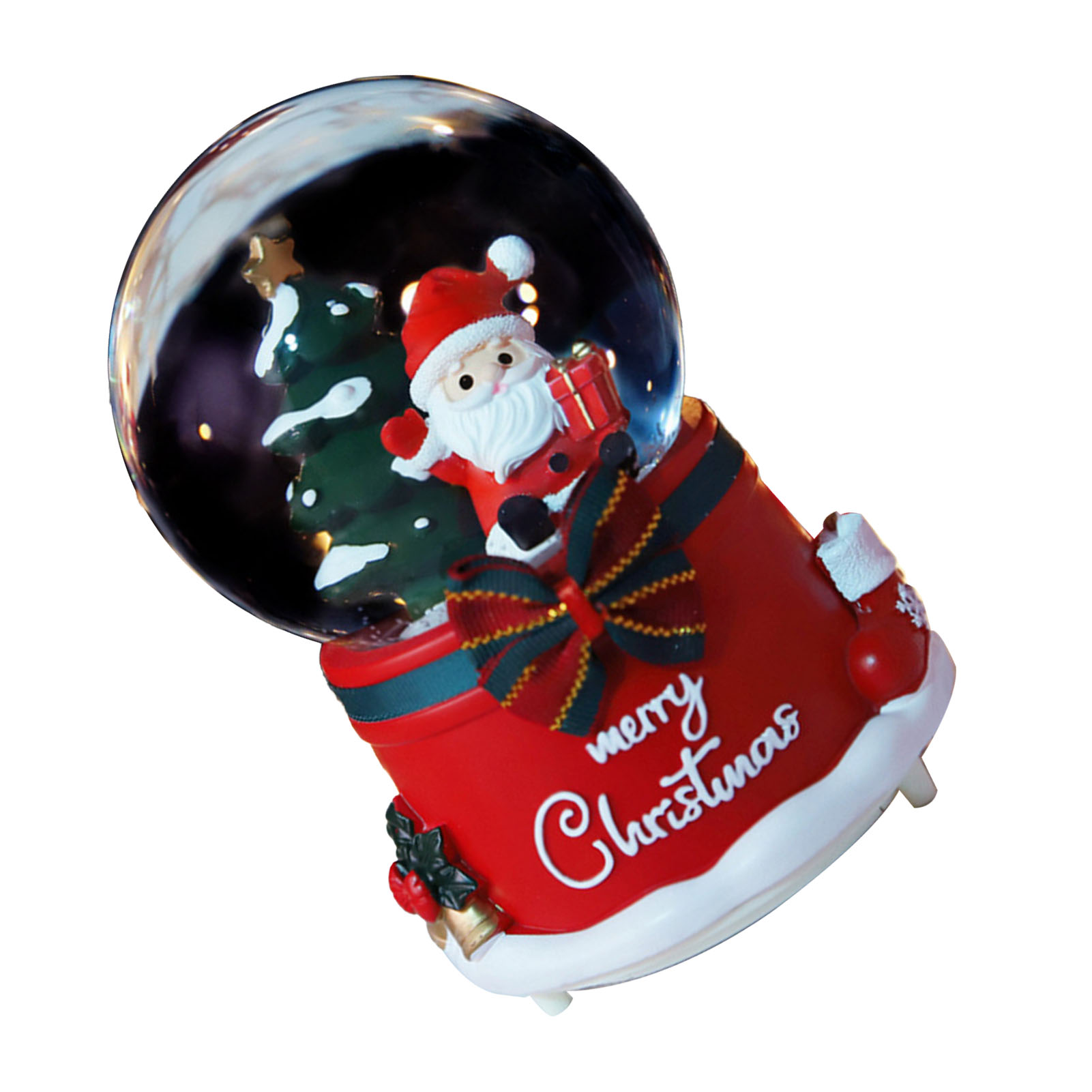 Eine Weihnachtsschneekugel mit dem Weihnachtsmann, der ein Geschenk hält, einem Weihnachtsbaum und dem Text 'merry Christmas'.
