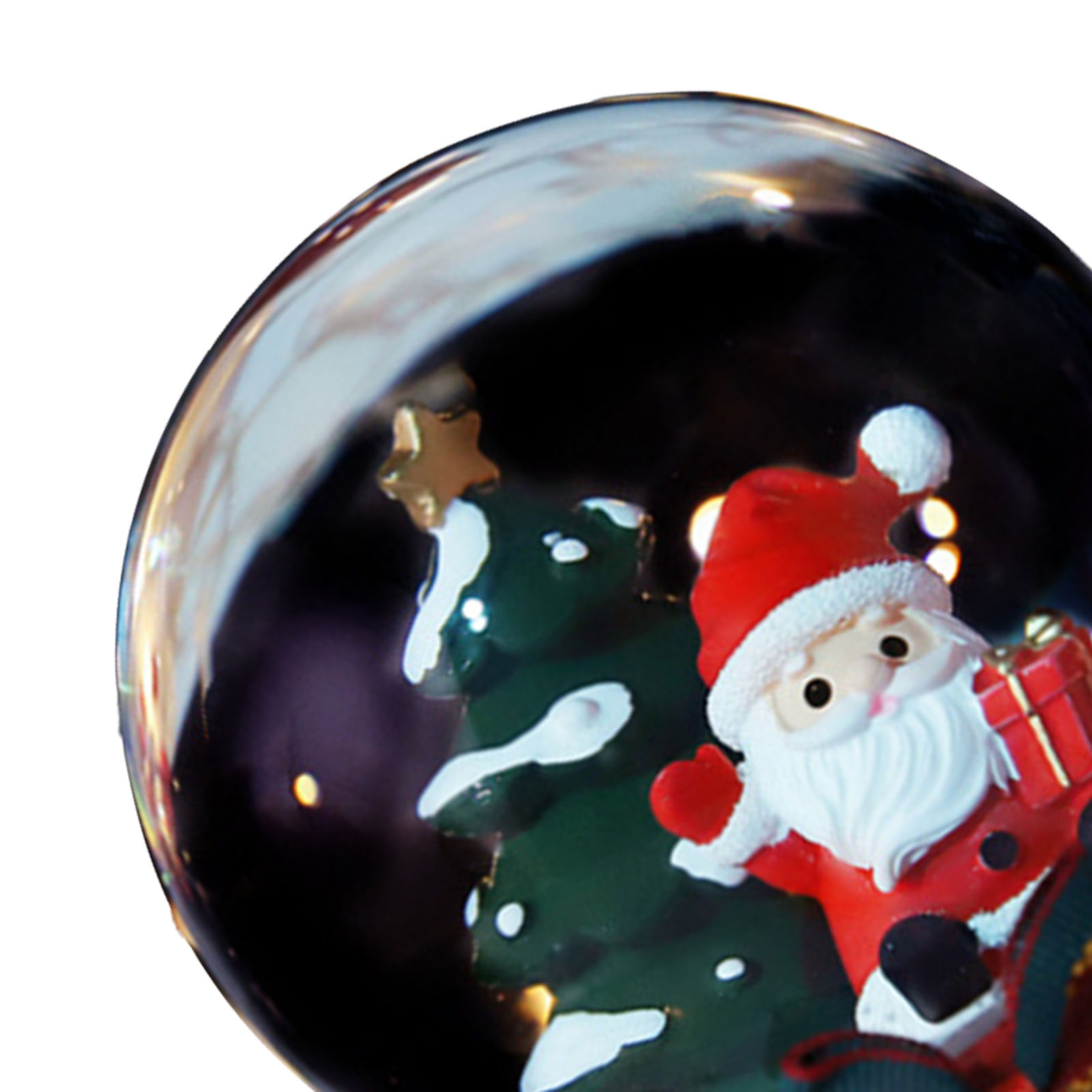 Eine Schneekugel mit Weihnachtsmann, Weihnachtsbaum und Stern. Der Weihnachtsmann trägt Rot und Weiß. Der Hintergrund ist dunkel.