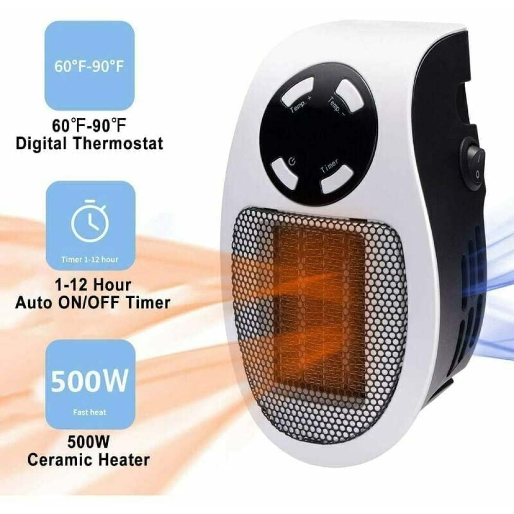 Ein weiß-schwarzer Keramikheizer mit digitalem Thermostat, Timer und 500 W Leistung. Enthält Temperatur- und Timer-Steuerungen.