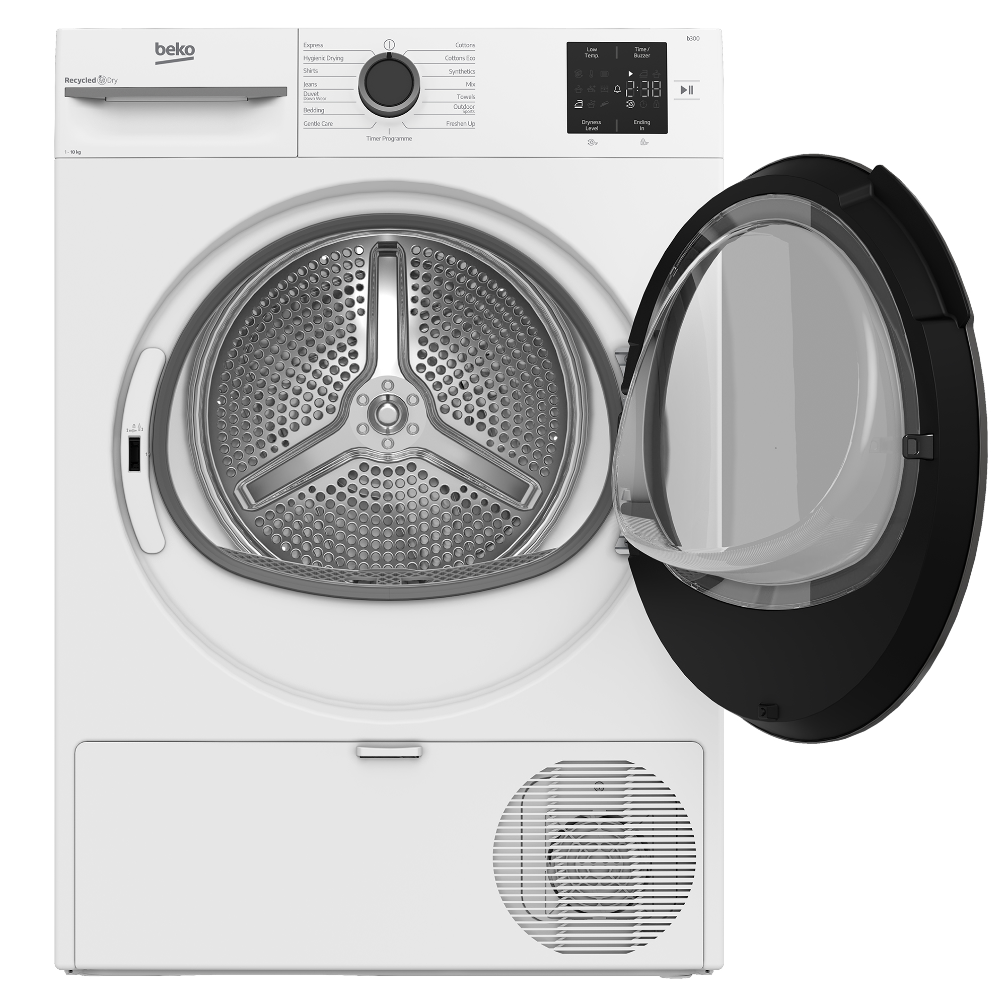 Ein weißer Beko-Trockner mit offener Tür. Das Bedienfeld zeigt einen Timer. Die Trommel ist sichtbar.