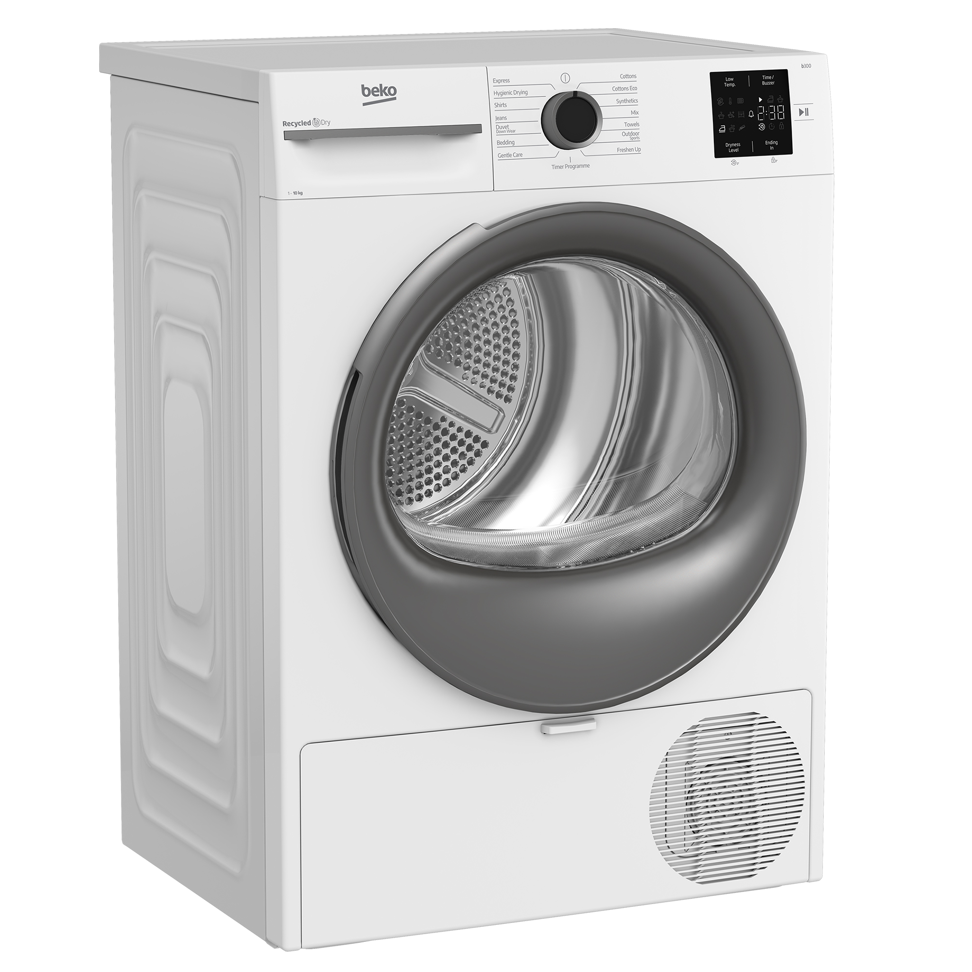 Ein weißer Beko-Trockner mit grauer Tür. Er hat ein Bedienfeld und eine Digitalanzeige, die die Zeit anzeigt.