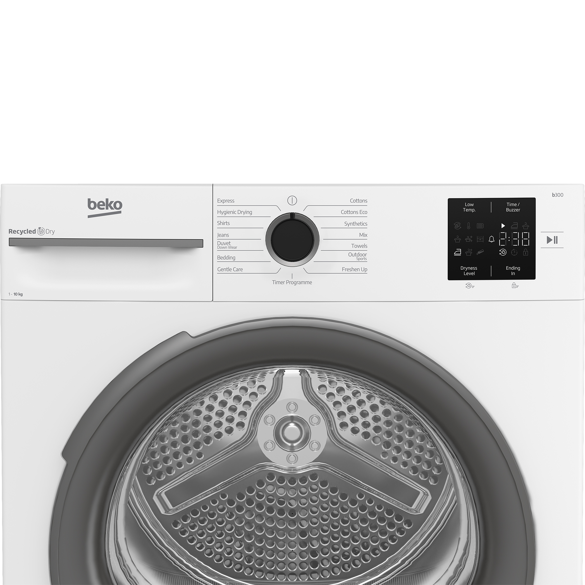 Ein weißer Beko-Trockner mit Bedienfeld, Tür und kreisförmiger Trommel. Das Display zeigt Zeit und Einstellungen.