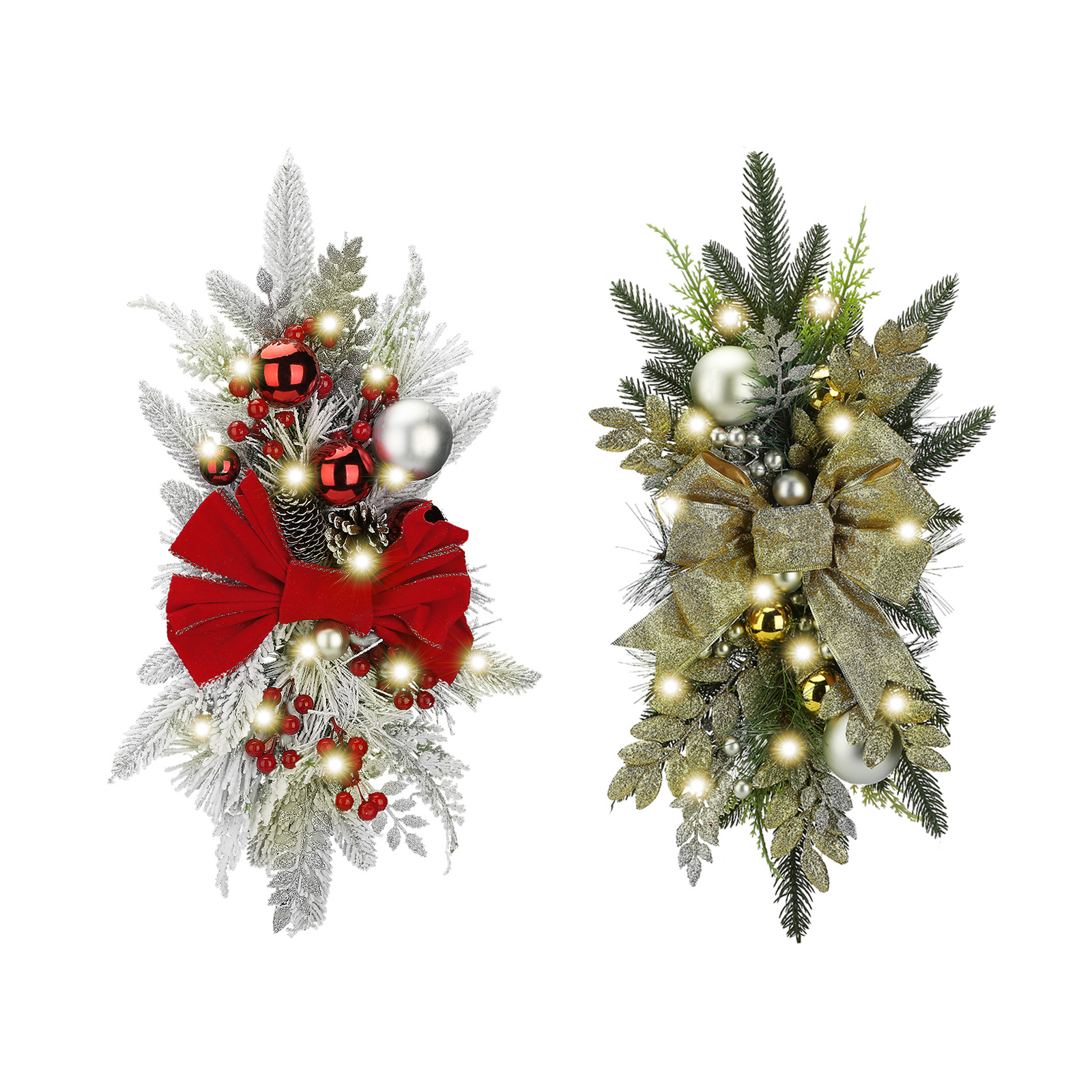 Zwei Weihnachtsdekorationen mit Ornamenten, roten Schleifen und Lichtern auf weißem Hintergrund. Einmal Gold, einmal Silber.