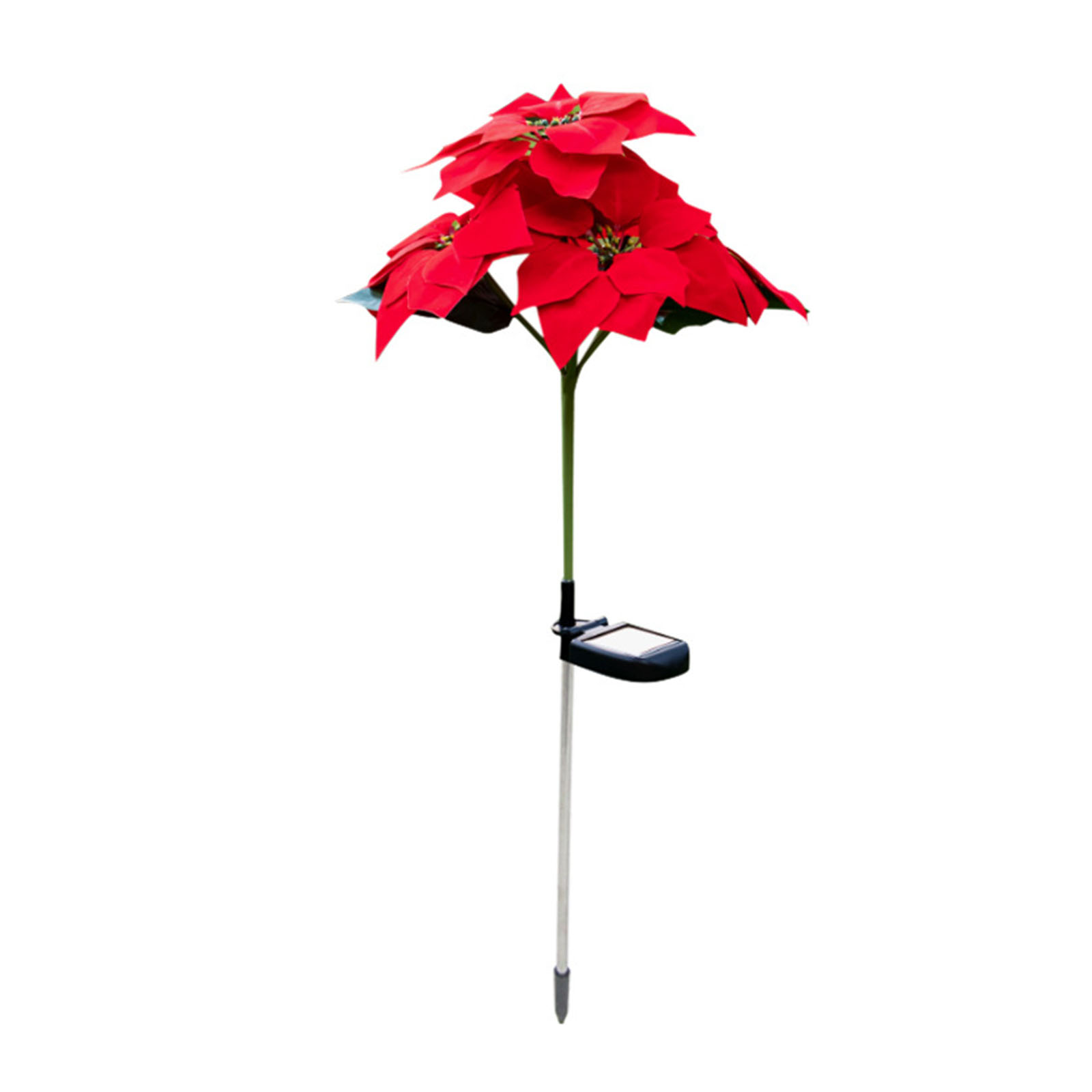 Ein solarbetriebener Gartenstecker in Form eines Weihnachtssterns. Er hat rote Blütenblätter, einen grünen Stiel und ein Solarpanel. Der Hintergrund ist weiß.