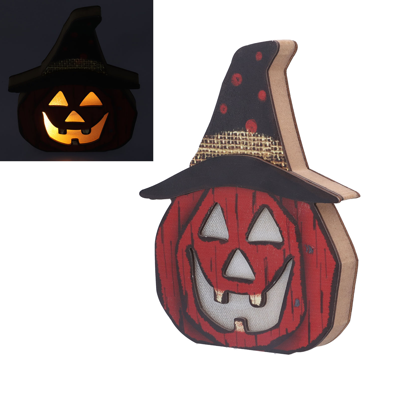 Eine Halloween-Kürbisdekoration mit Hexenhut. Er ist rot mit einem lächelnden Gesicht und leuchtenden Augen.