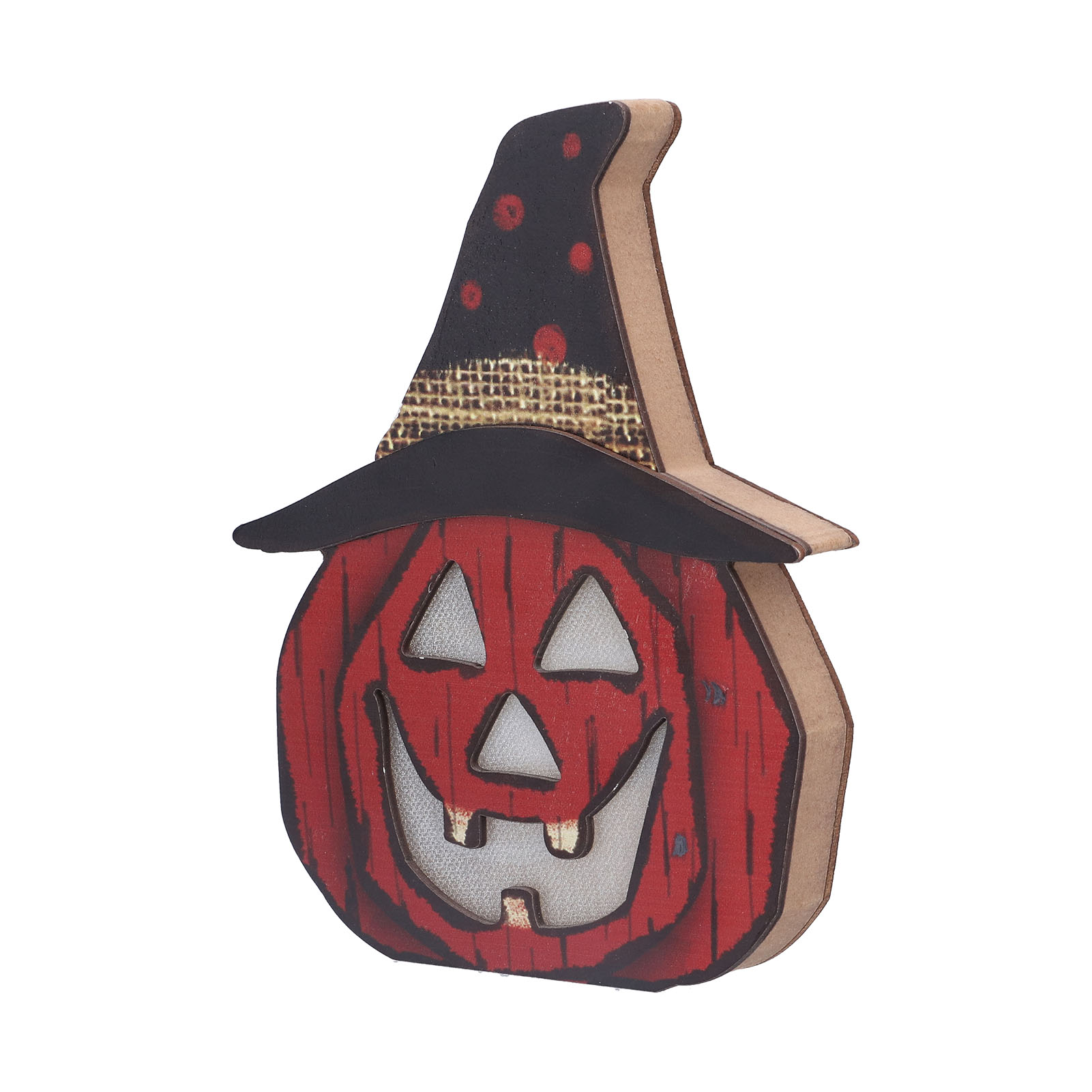 Eine hölzerne Halloween-Kürbisdekoration mit Hexenhut. Der Kürbis ist rot, mit einem lächelnden Gesicht und der Hut ist schwarz.