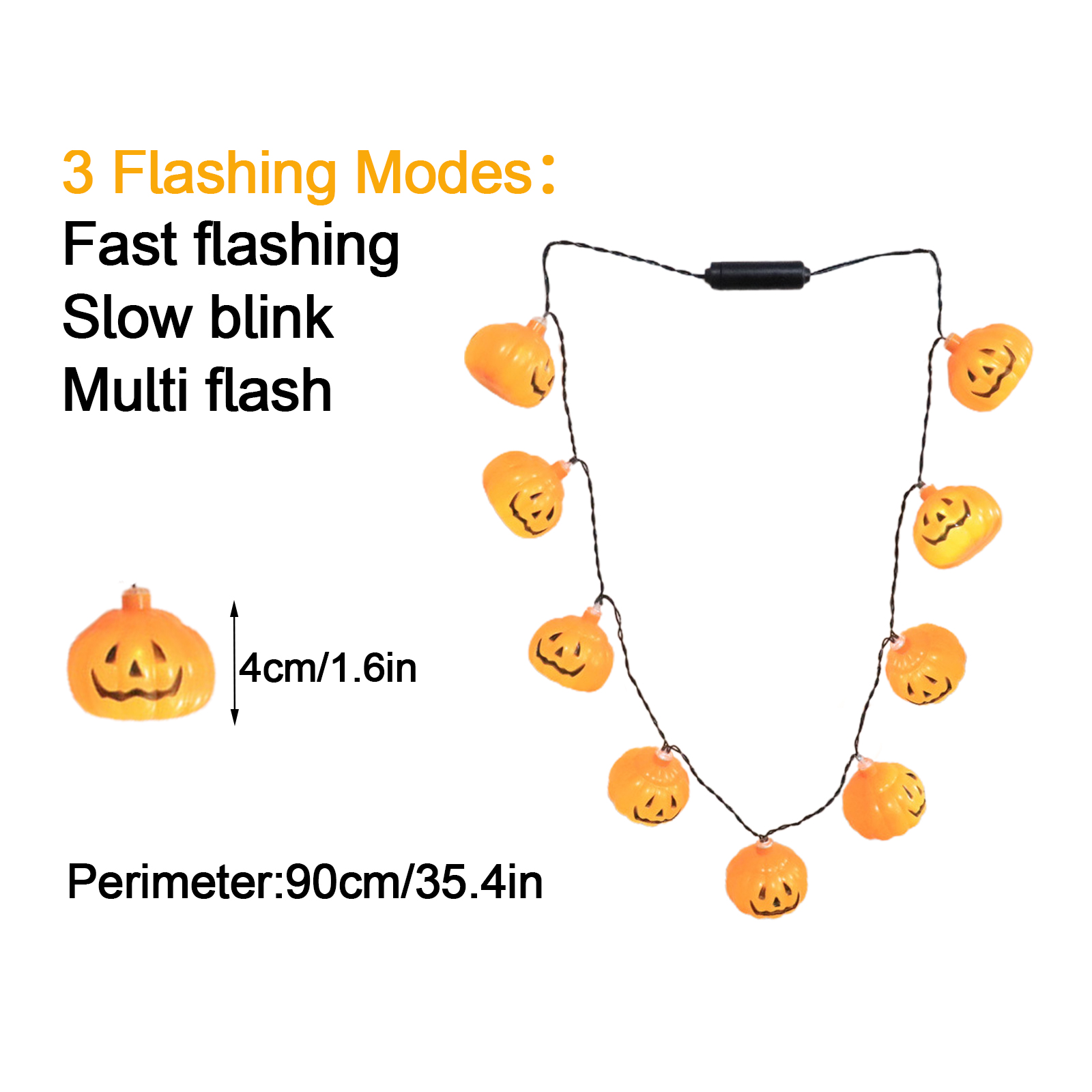 Eine Lichterkette mit orangefarbenen Kürbislichtern und schwarzen Drähten. Text zeigt 3 Blinkmodi.