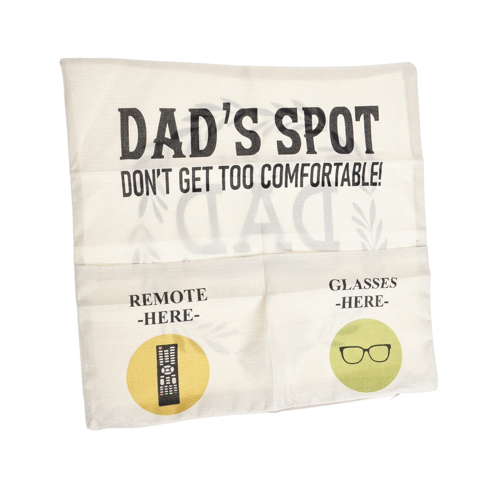 Cremefarbener Organizer mit Taschen für Fernbedienung, Brille und Text: Dad's Spot. Werden Sie nicht zu bequem!