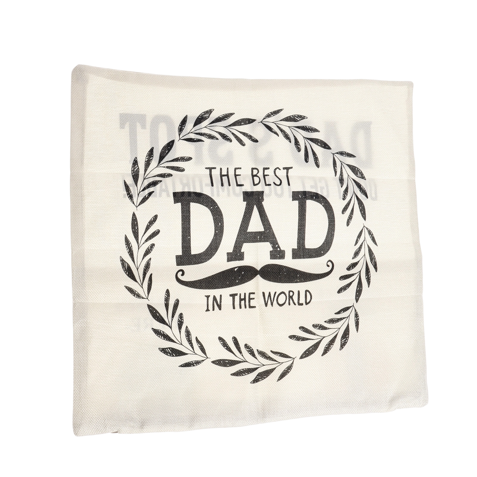 Ein quadratisches Kissen mit dem Text "THE BEST DAD IN THE WORLD", Schnurrbart-Design und Lorbeerkranz.