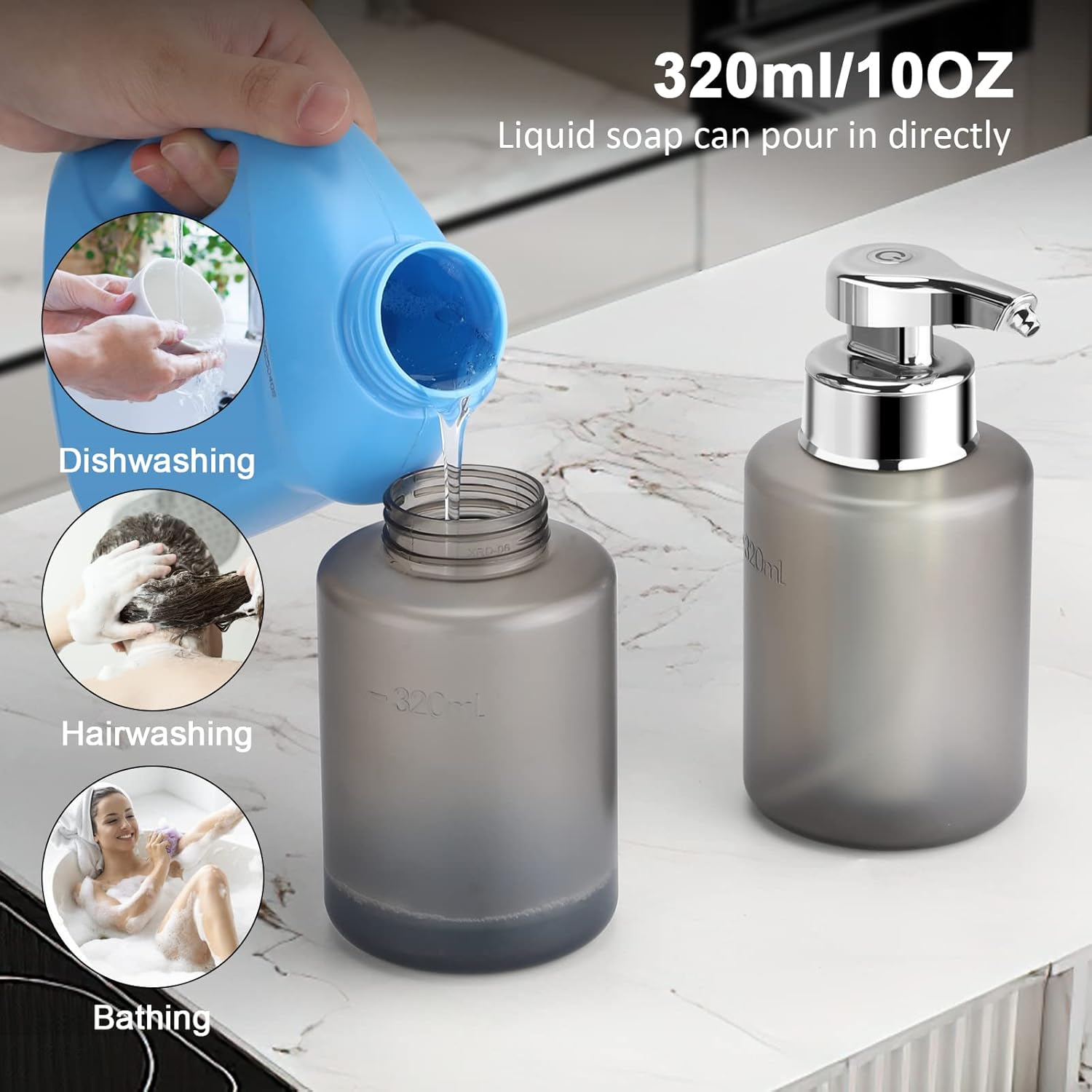 Eine Person gießt Flüssigseife aus einem blauen Behälter in eine graue Flasche. Weitere Bilder zeigen Geschirrspülen, Haarewaschen und Baden.