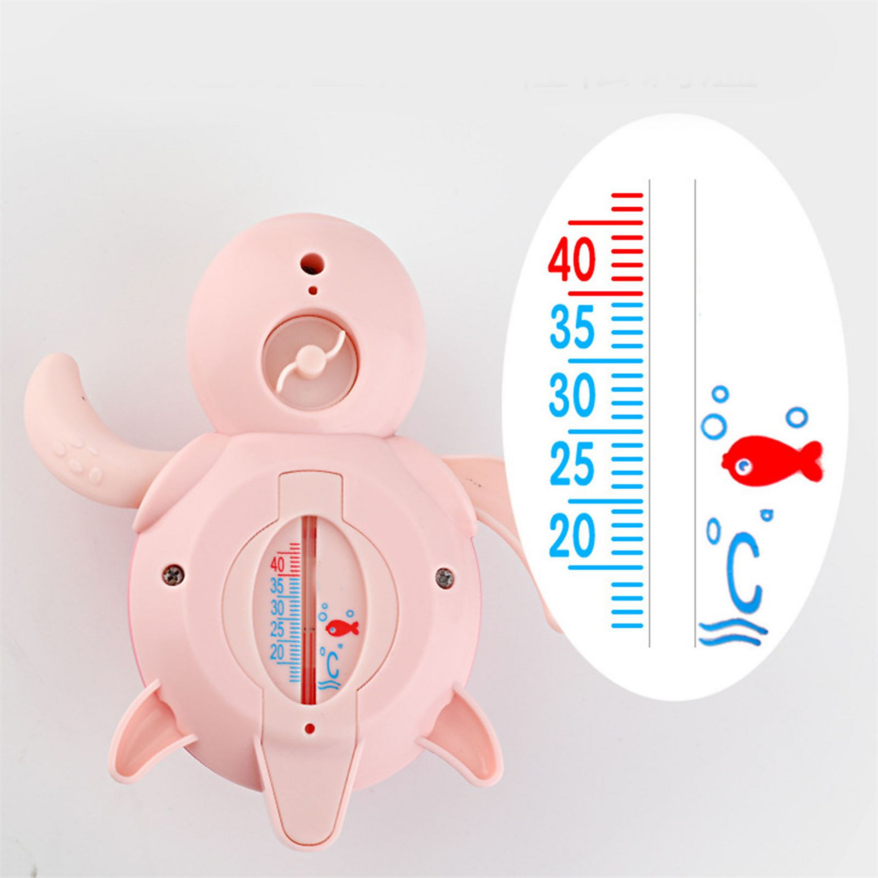 Ein rosa, schildkrötenförmiges Thermometer mit einer Celsius-Skala, das eine Temperatur von etwa 30 Grad anzeigt. Eine Überlagerung mit einem Fisch.