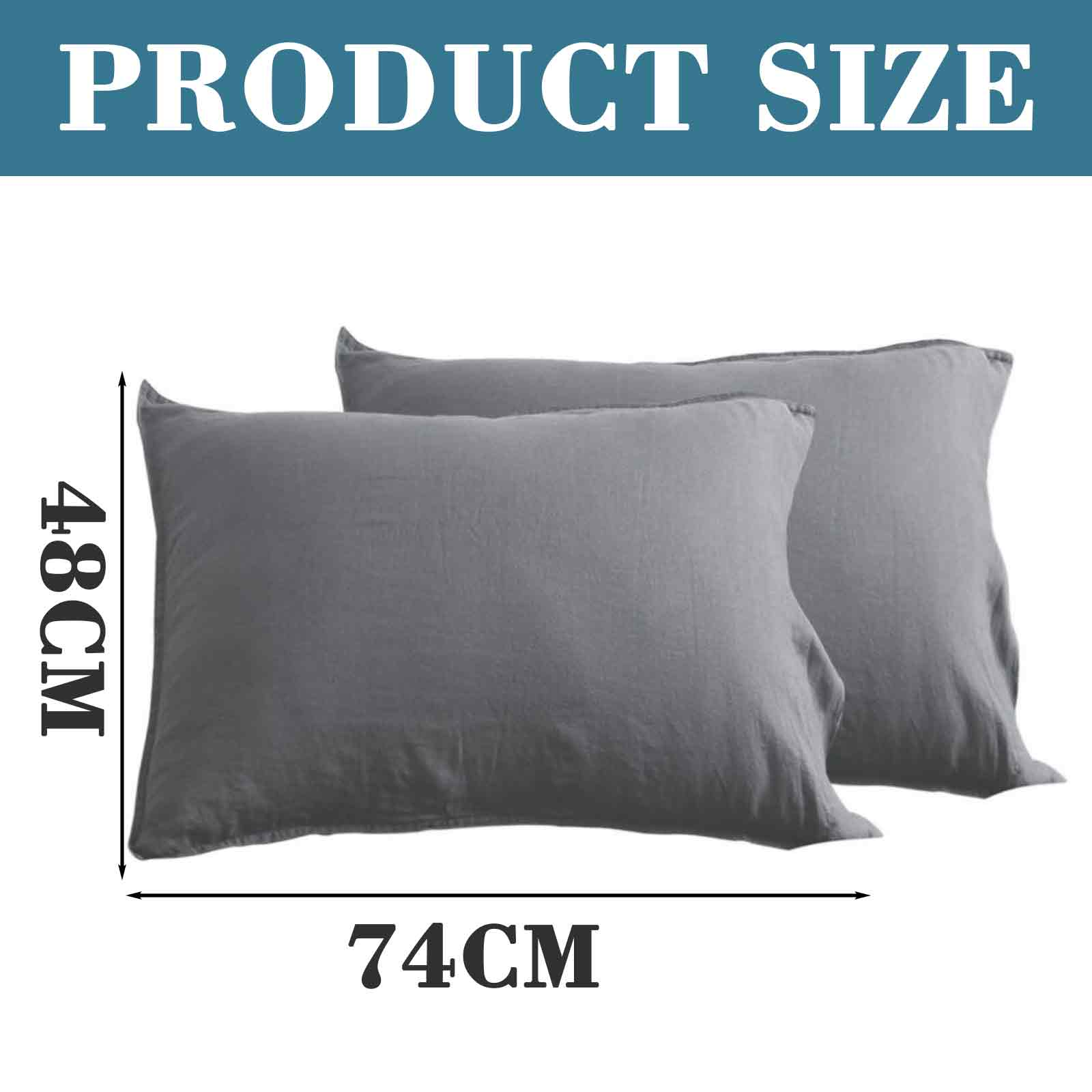 Zwei graue Kissen mit Größenangaben: 48 cm x 74 cm. Der Text oben lautet 'PRODUCT SIZE'.