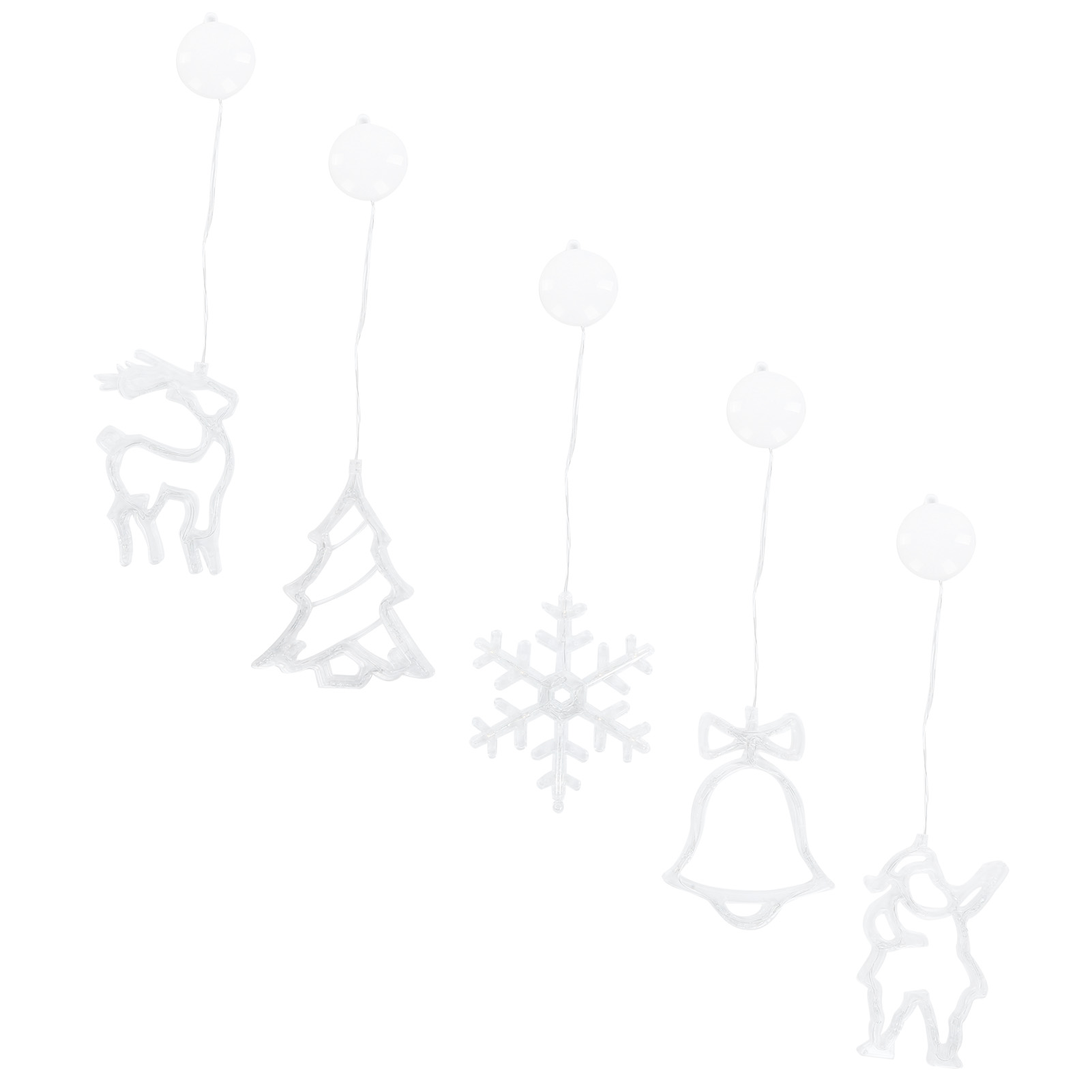 Weiße Weihnachtsschmucke hängen an Schnüren. Enthält ein Rentier, einen Baum, einen Schneeflocke, eine Glocke und eine Santa-ähnliche Figur.