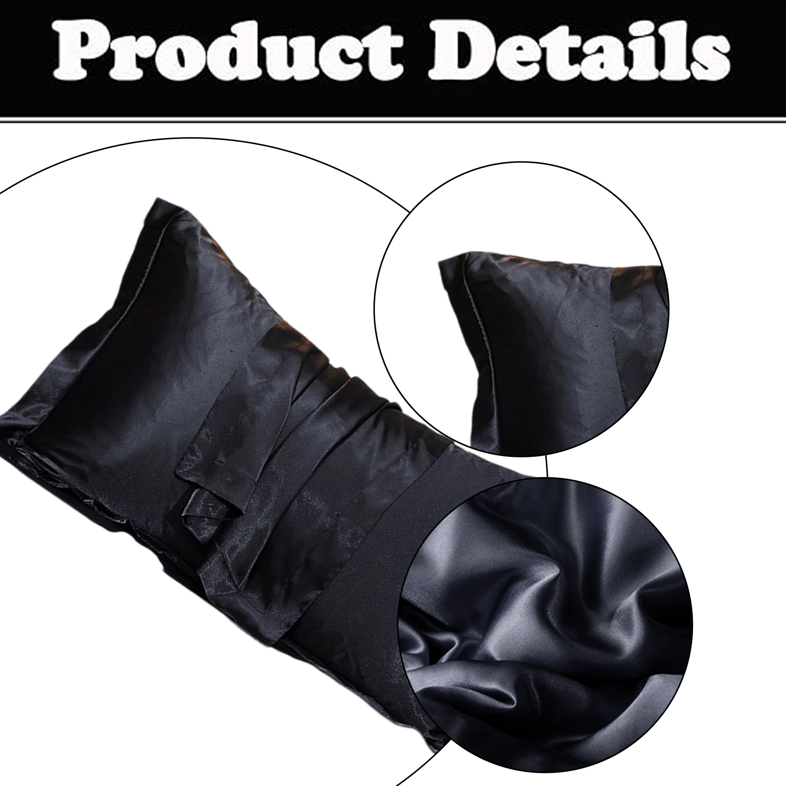 Schwarzes Satin-Kissen mit Details. Nahaufnahmen zeigen Stoffstruktur und Konstruktion. Produktdetails-Banner oben.
