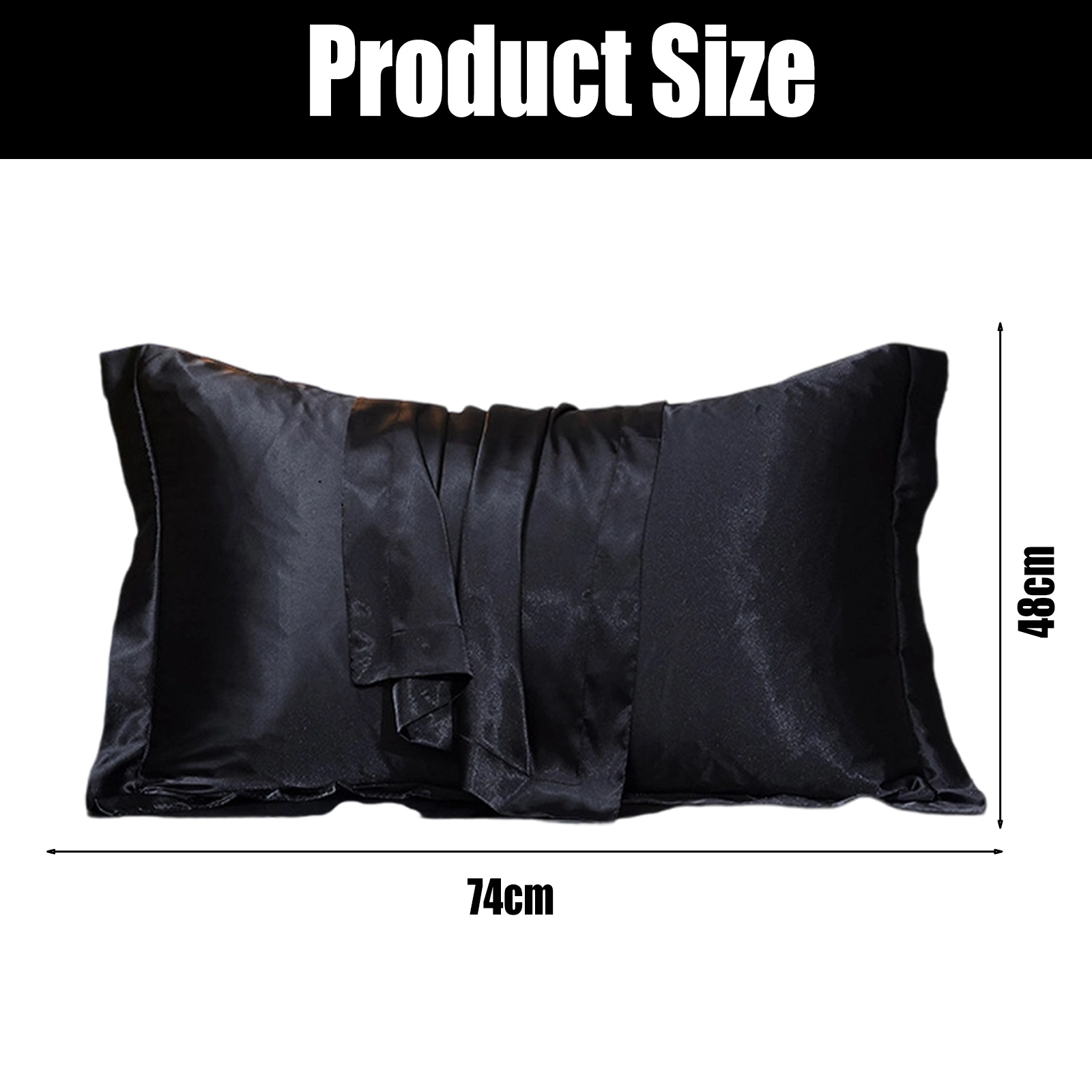 Ein schwarzes Kissen mit den Maßen 74 cm x 48 cm wird angezeigt. Der Text oben lautet 'Produktgröße'.
