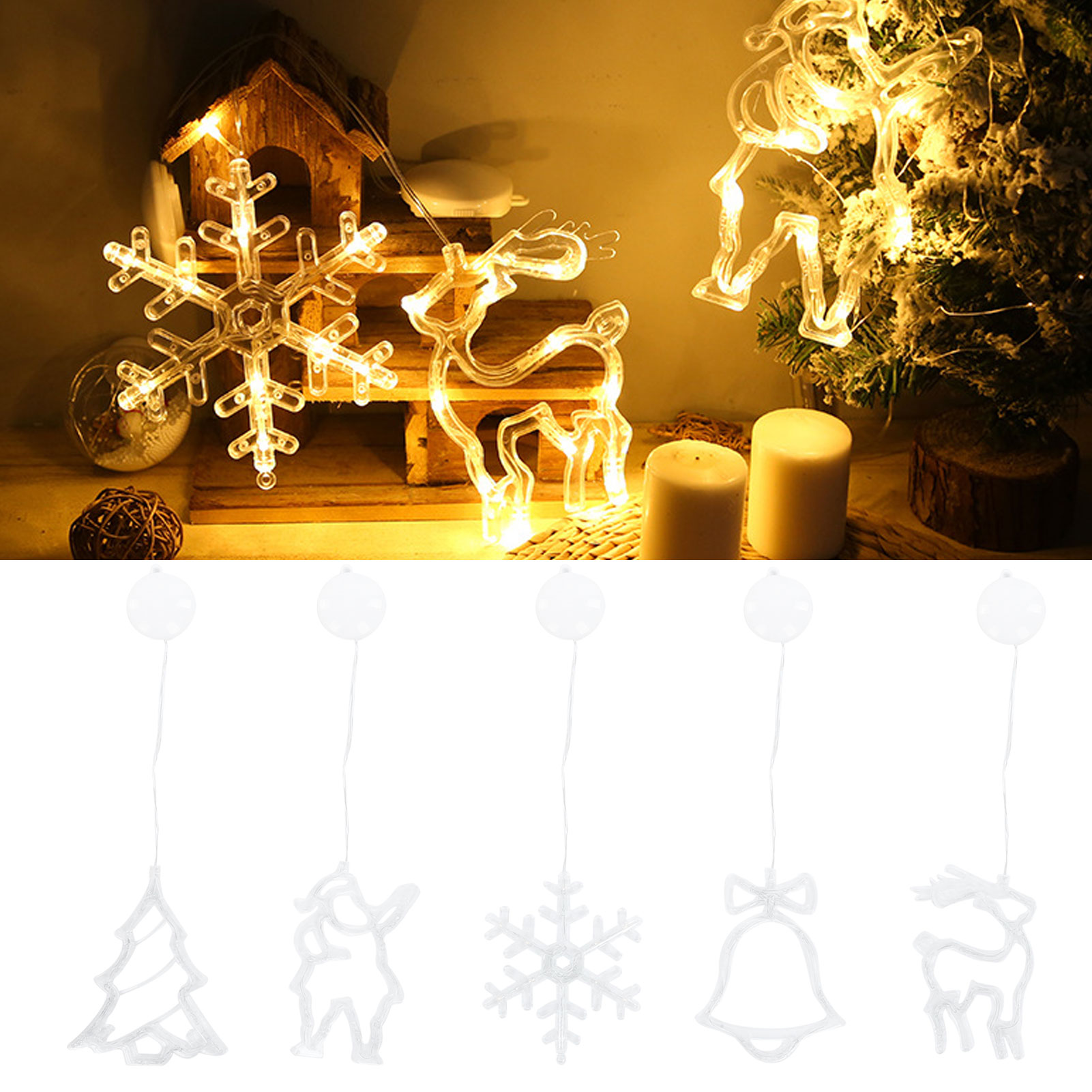 Weihnachtsbeleuchtung: Schneeflocke, Rentier und andere Formen. Kerzen und ein kleines Holzhaus im Hintergrund. Weiße Hängelichter unten.