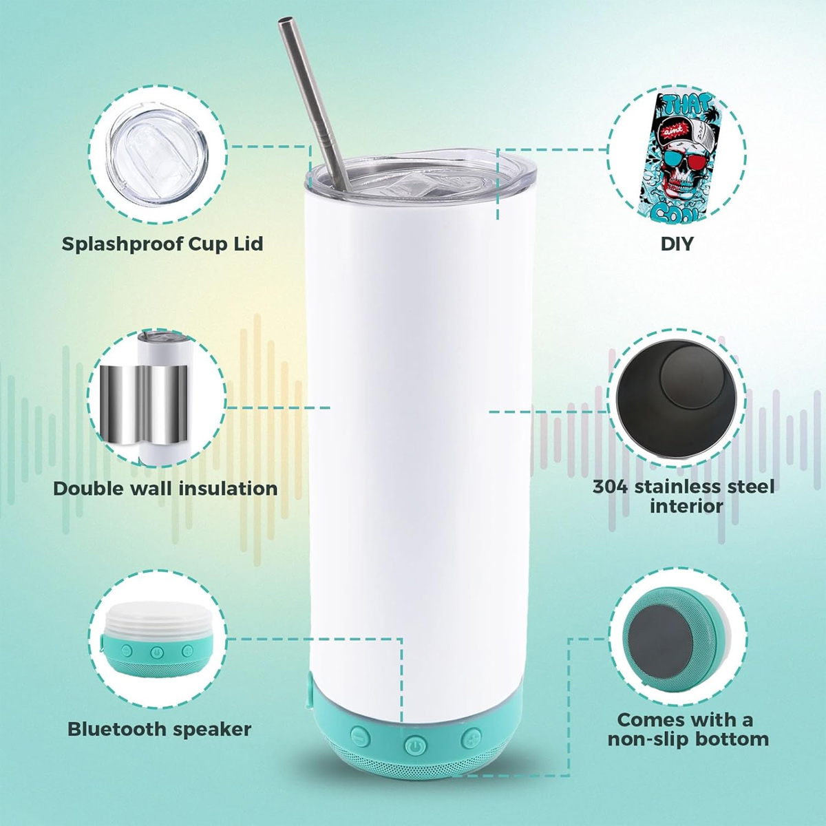 Ein weißer Becher mit tealfarbenem Boden und einem Edelstahlstrohhalm. Zu den Merkmalen gehören ein spritzwassergeschützter Deckel, ein Bluetooth-Lautsprecher und eine Doppelwandisolierung.